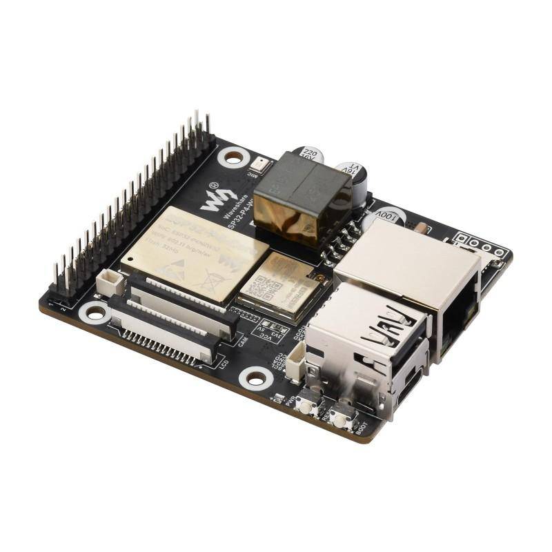 Ein kleines Schaltnetzteil mit Anschlüssen für USB, Ethernet und Micro-HDMI, mit einem Wi-Fi-Modul und einer Reihe von Pins auf der Seite.