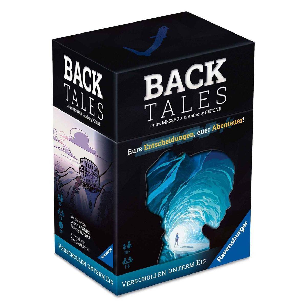 Back Tales' Abenteuerspiel-Box mit Silhouette eines Forschers in einer blauen Eishöhle. Text: 'Eure Entscheidungen, euer Abenteuer!