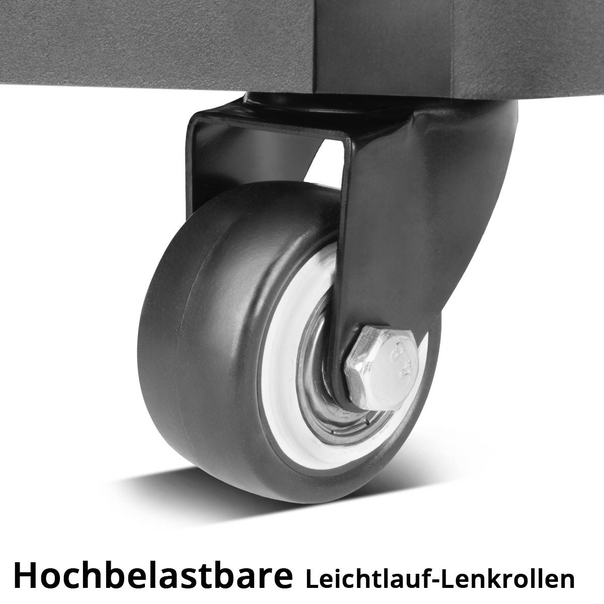 Eine Nahaufnahme einer Hochleistungs-Lenkrolle unter einem Möbelstück, mit der Bezeichnung „Hochbelastbare Leichtlauf-Lenkrollen