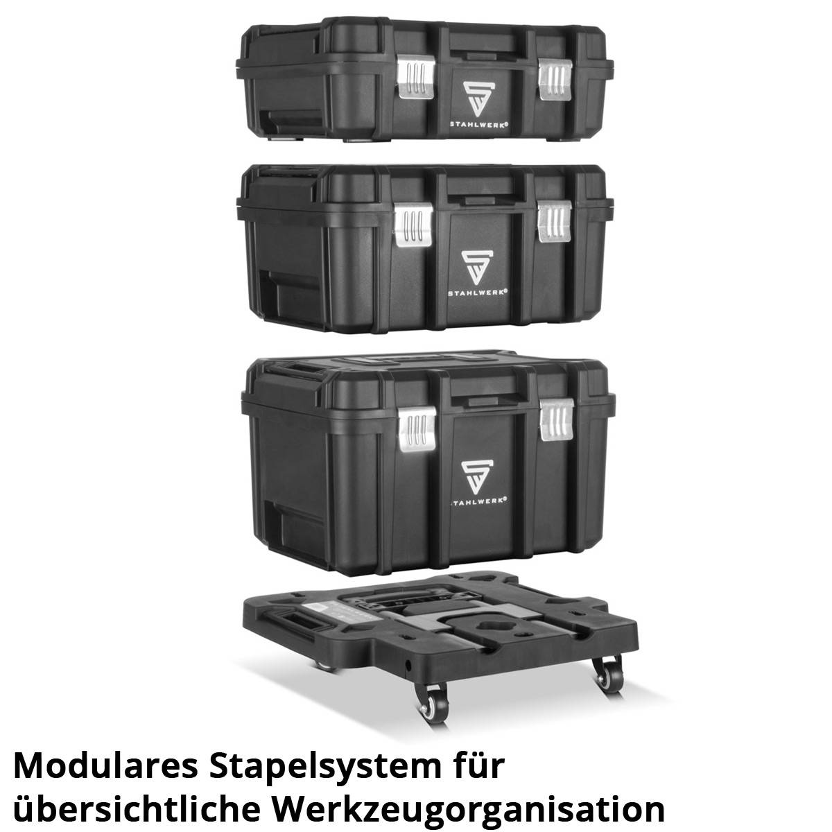 Modular stackable storage system for clear tool organization' shows three stackable tool boxes and a trolley for transport.