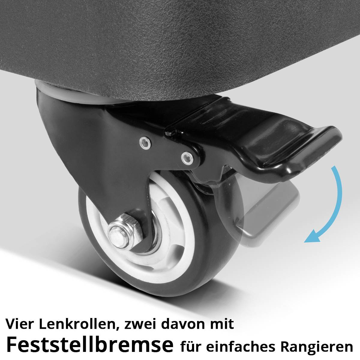 Ein Rad mit einem Bremshebel auf einem Möbelstück, das zeigt, wie man die Bremse betätigt. Der Text auf Deutsch lautet „Vier Lenkrollen, zwei davon mit Feststellbremse für einfaches Rangieren