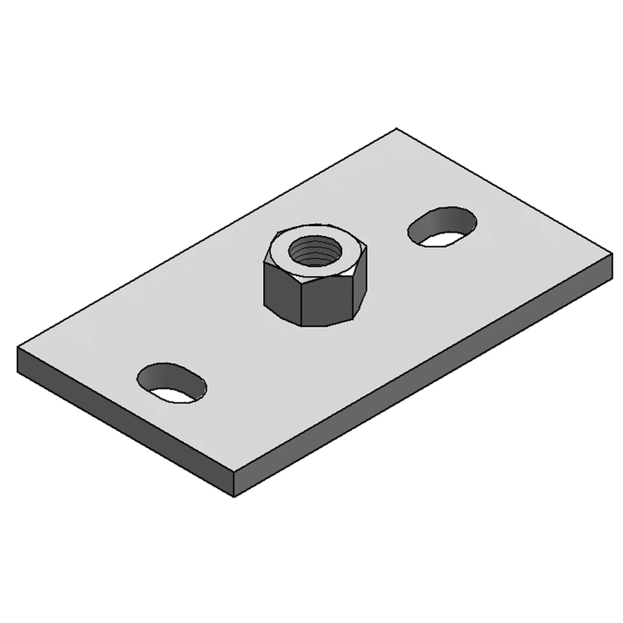 Isometrische Zeichnung einer rechteckigen Metallplatte mit zwei Befestigungslöchern und einer zentrierten Sechskantmutter mit einem Gewindeloch.