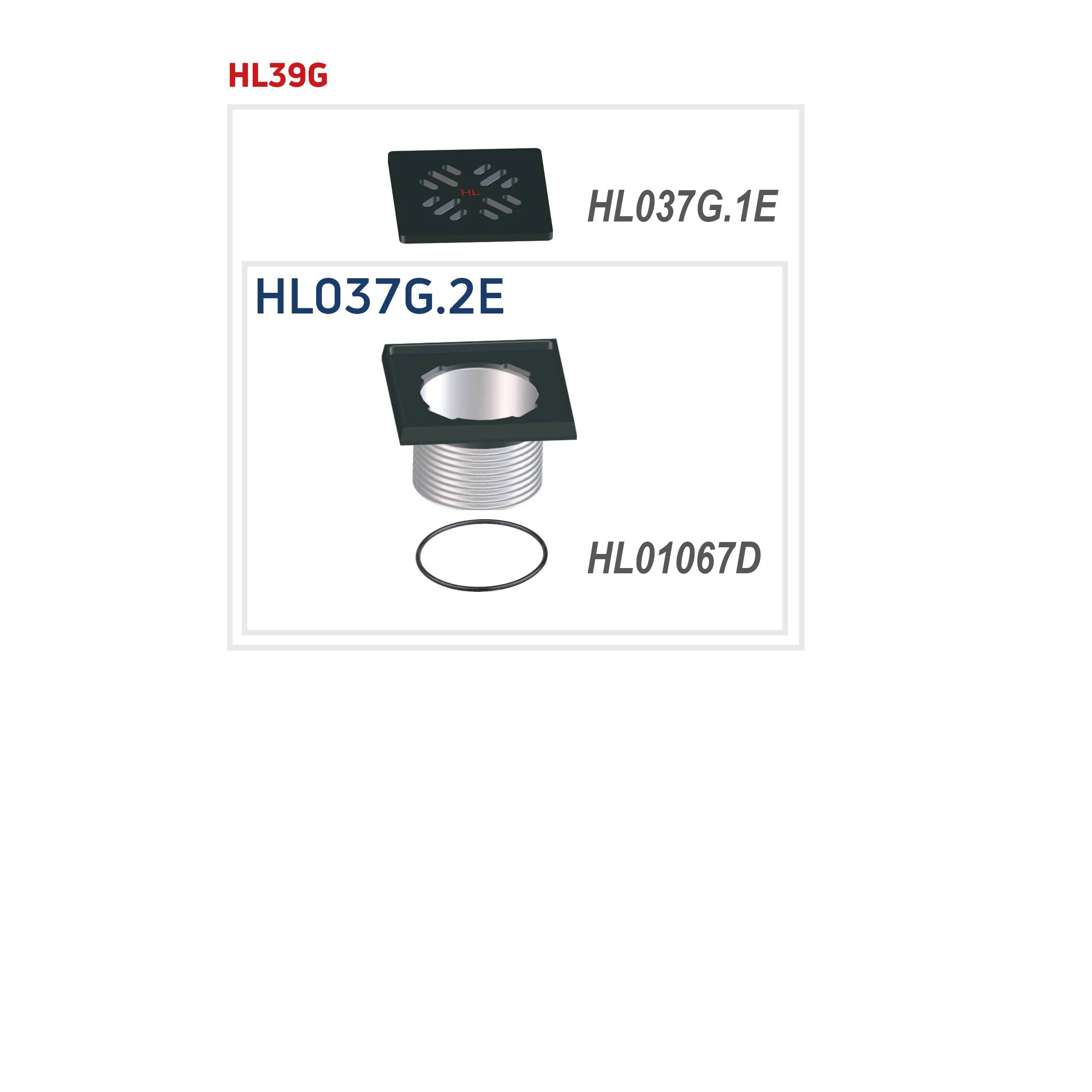 Abbildung einer HL39G-Entwässerungsanlage mit zwei schwarzen quadratischen Gittern mit den Bezeichnungen HL037G.1E und HL037G.2E sowie einem Ring mit der Bezeichnung HL01067D.