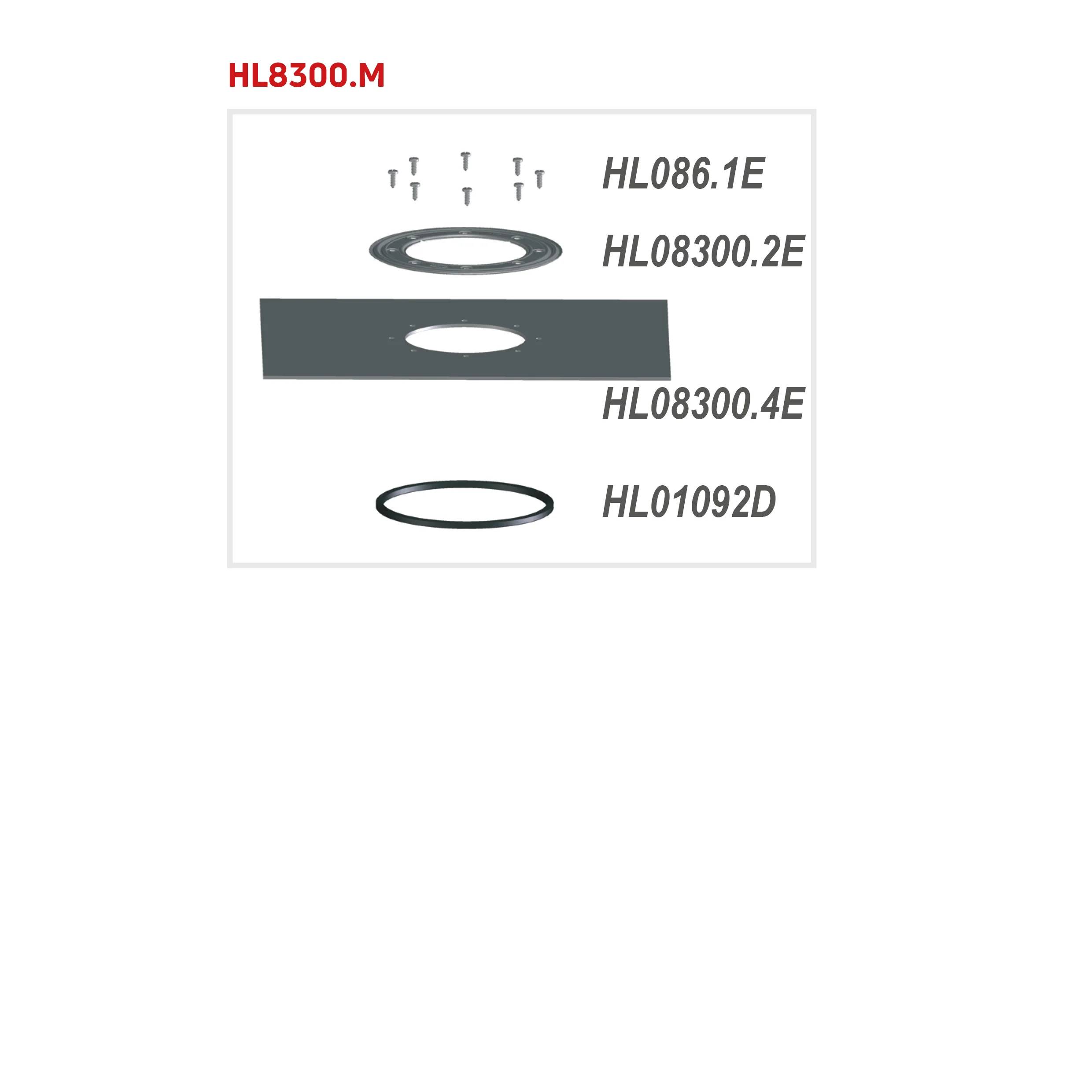 Explosionsdarstellung mit Teilbezeichnung 'HL8300.M' mit Schrauben, einer Ringdichtung, einer rechteckigen Platte und einem ovalen Ring mit Teilenummern HL086.1E, HL08300.2E, HL08300.4E und HL01092D.