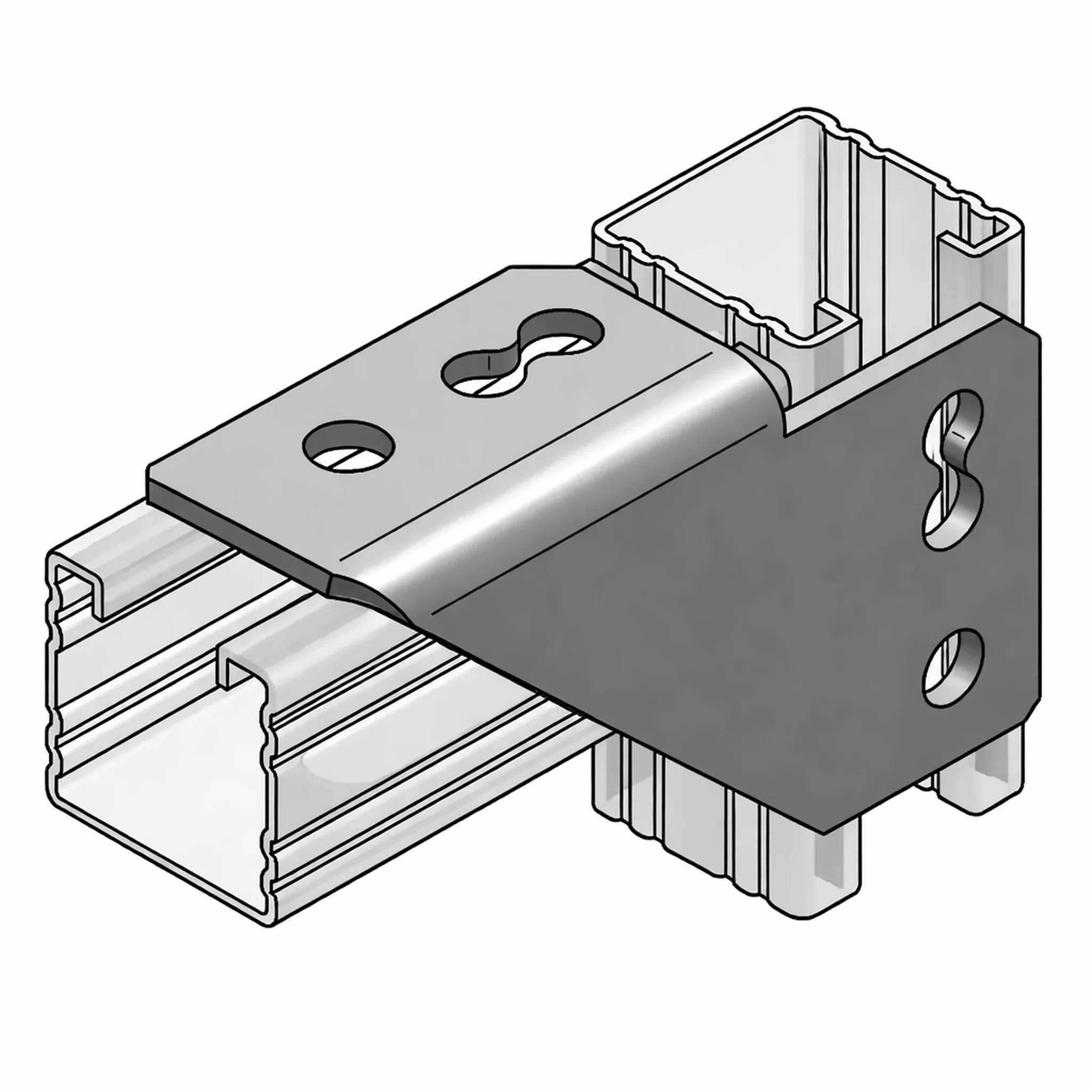 Abbildung einer Metallmontageklammer, die ein rechteckiges Aluminium-Extrusionsprofil mit Schlüssellochschlitzen und Ausschnitten auf weißem Hintergrund sichert.