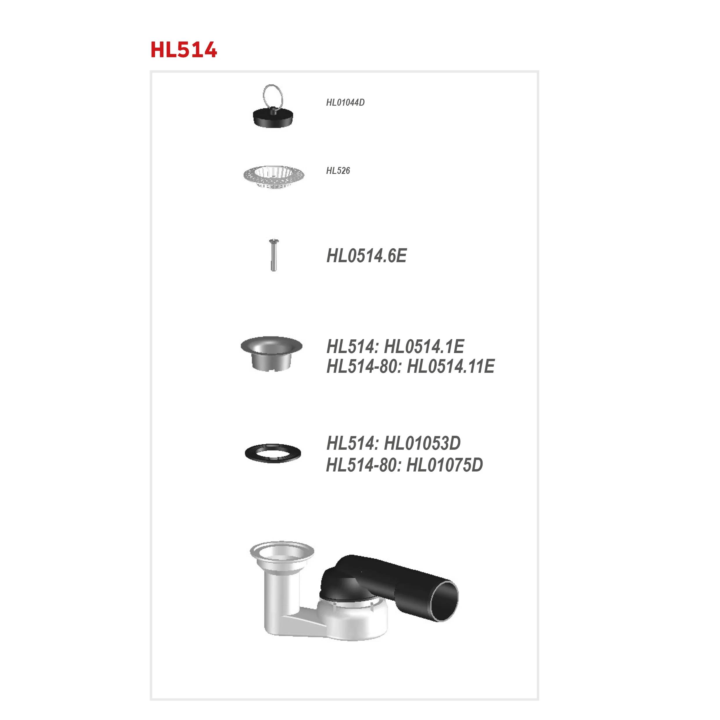 HL514 Produktdiagramm mit Beleuchtungsarmatylenteilen und kompatiblen Komponenten mit den Bezeichnungen HL01044.0, HL526, HL0514.6E, HL514/HL0514.1E, HL514-80/HL0514.11E und HL01053D/HL01075D.