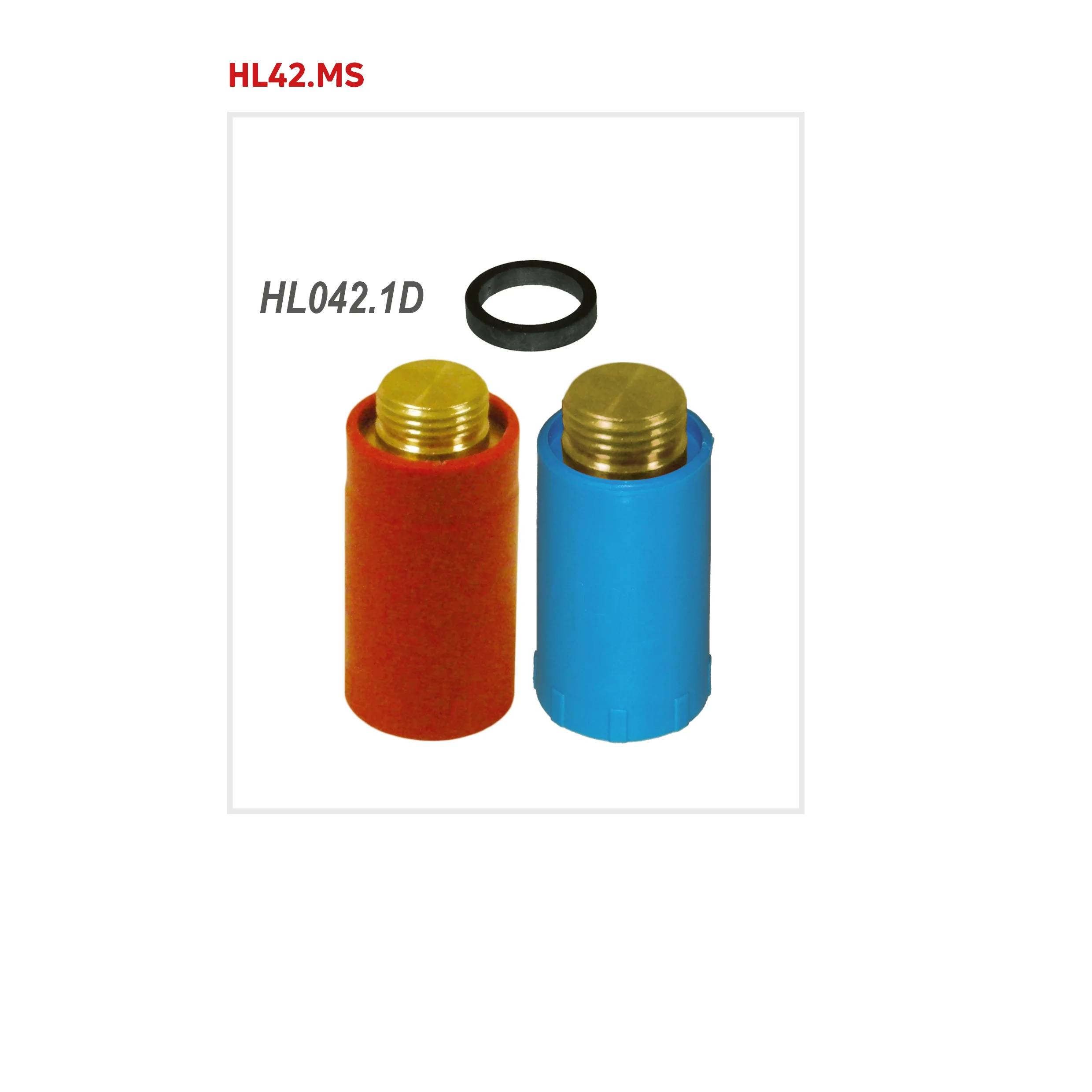 Produktbild von zwei isolierten Messingklemmen für Batterien, rot und blau, mit einem schwarzen Ring; beschriftet mit „HL42.MS