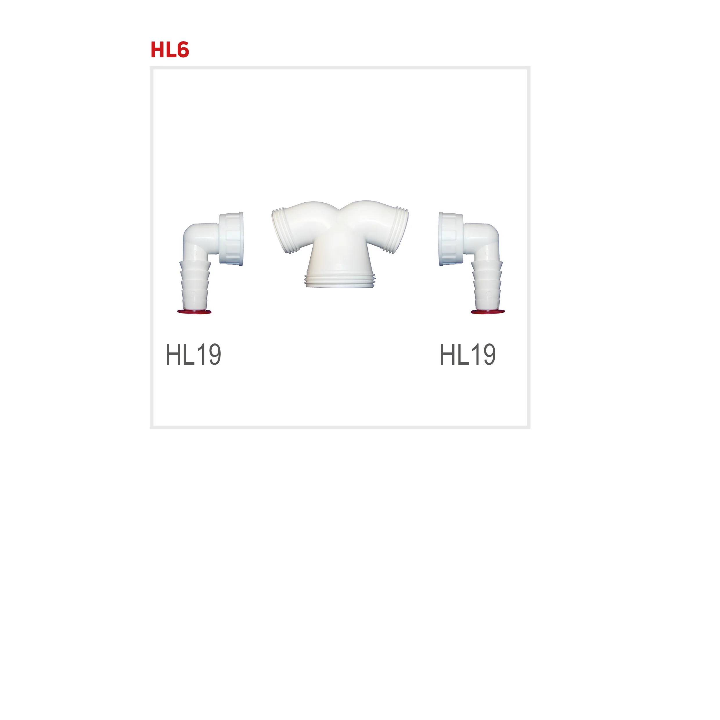 Diagramm mit der Bezeichnung 'HL6' zeigt eine zentrale T-förmige weiße Rohrverschraubung mit zwei übereinstimmenden Bogenverschraubungen auf beiden Seiten, beide mit der Bezeichnung 'HL19'.