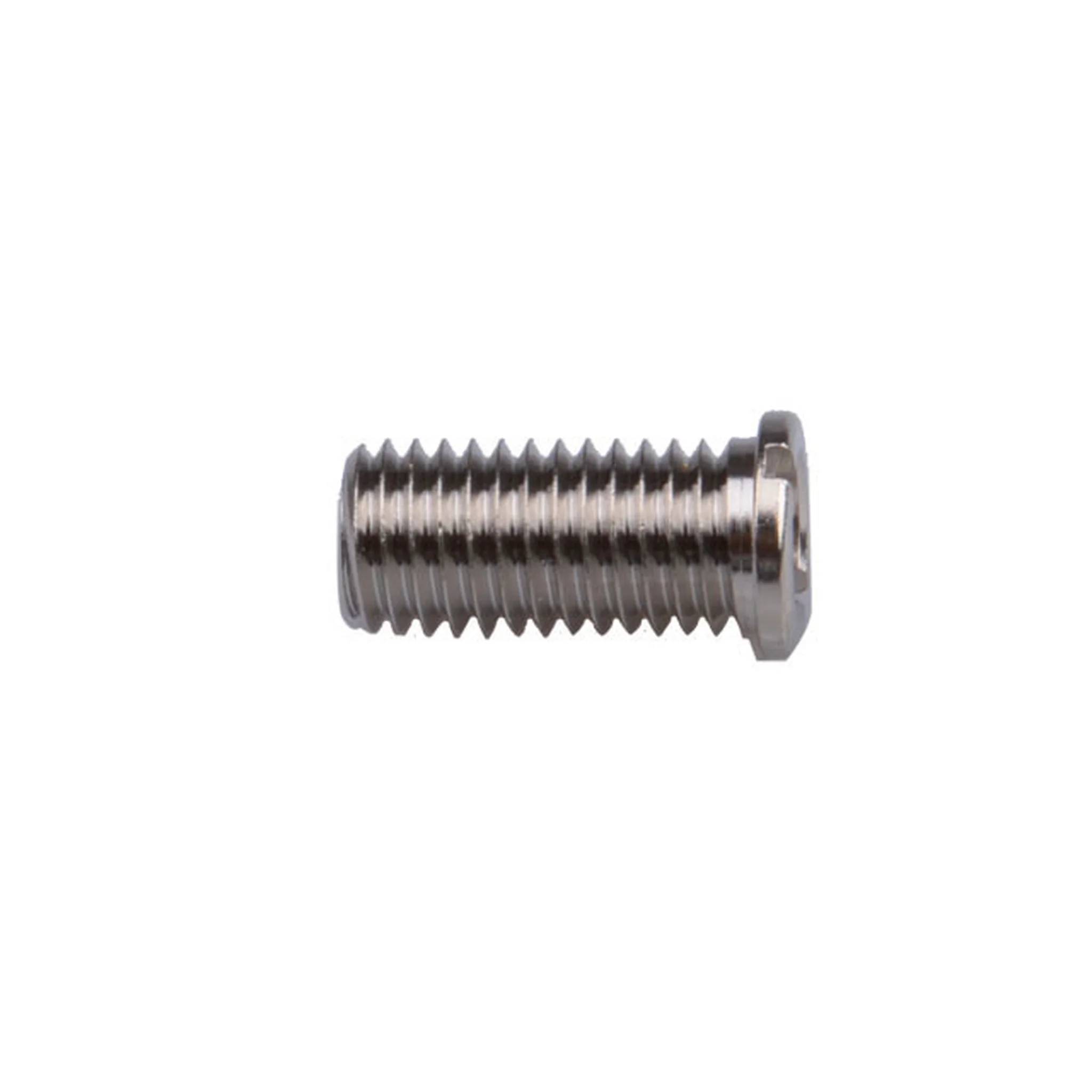Ein kleiner Metallgewindebolt oder eine Schraube auf einem schlichten weißen Hintergrund.