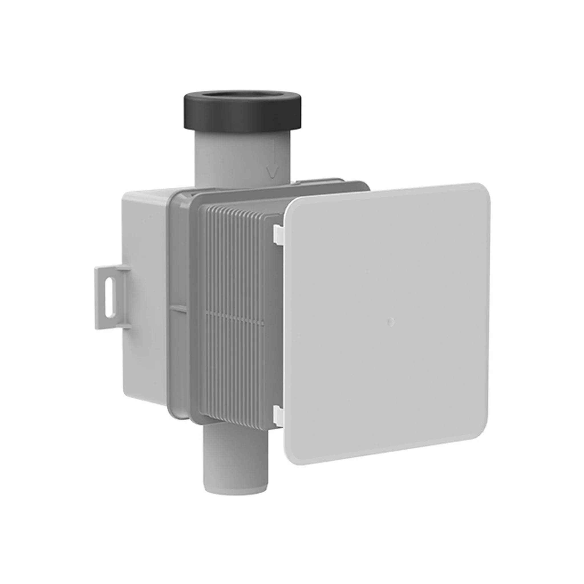 Graues Belüftungs- oder Filtrationsgerät mit großer Frontabdeckung und zylindrischer Kanalverbindung auf weißem Hintergrund.