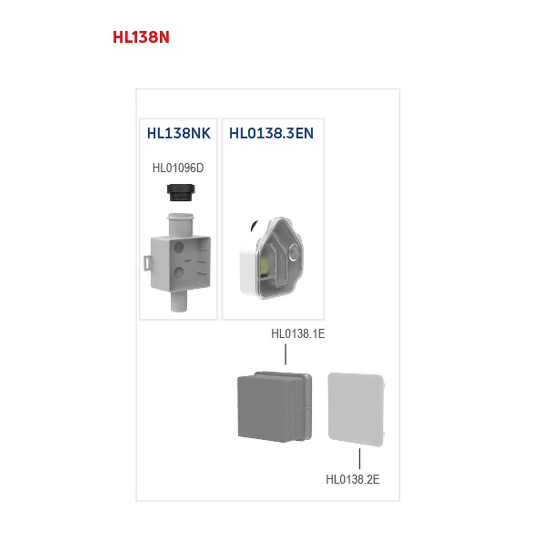 Produktdiagramm für HL138N mit Teilen HL0138.NK, HL0138.3EN, HL0138.1E und HL0138.2E mit Connector-Modul-Abbildungen.