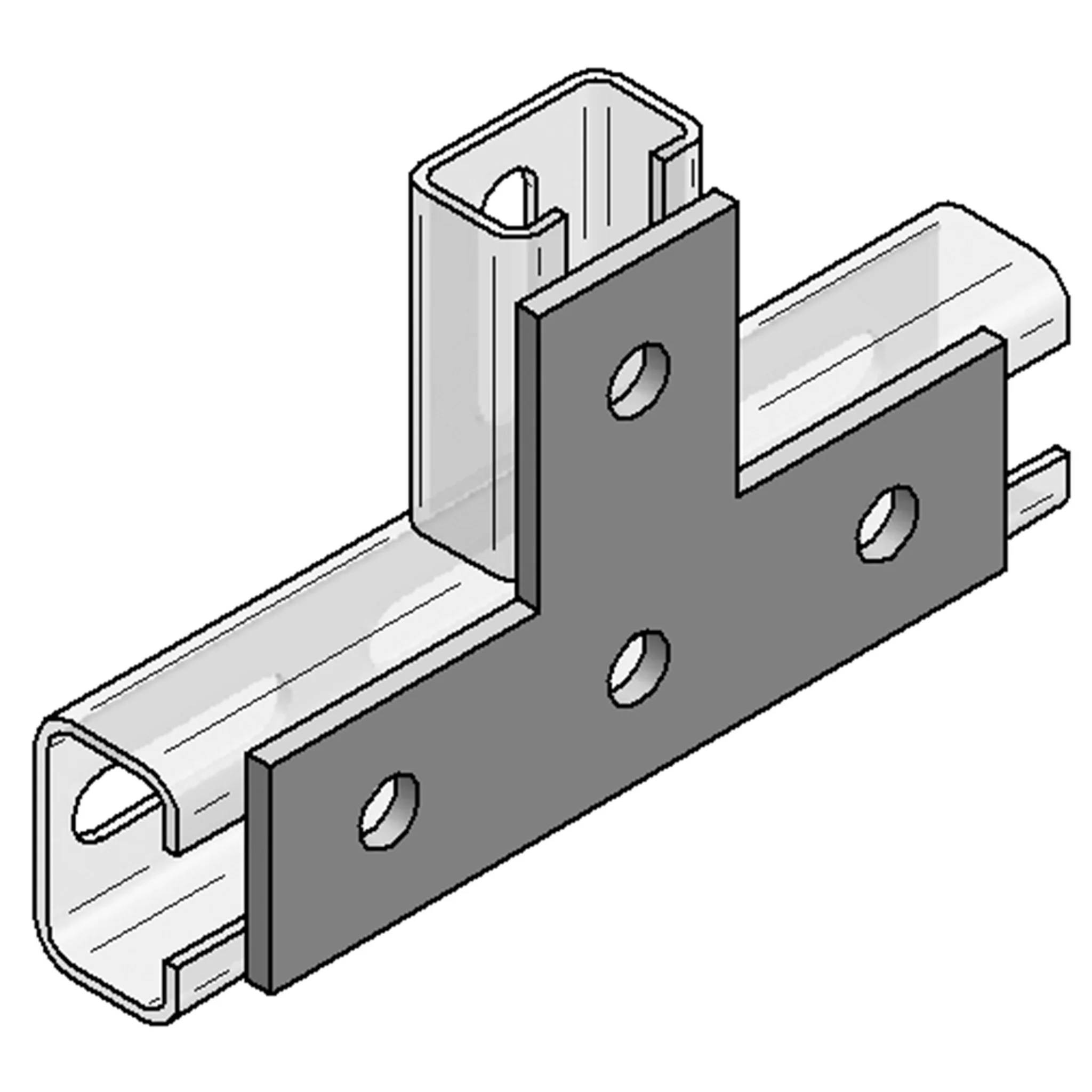 3D-Darstellung einer Metallklammer und eines vertikalen Pfostens, die ein horizontales rechteckiges Rohr montieren, mit mehreren Schraubenlöchern zum Befestigen.