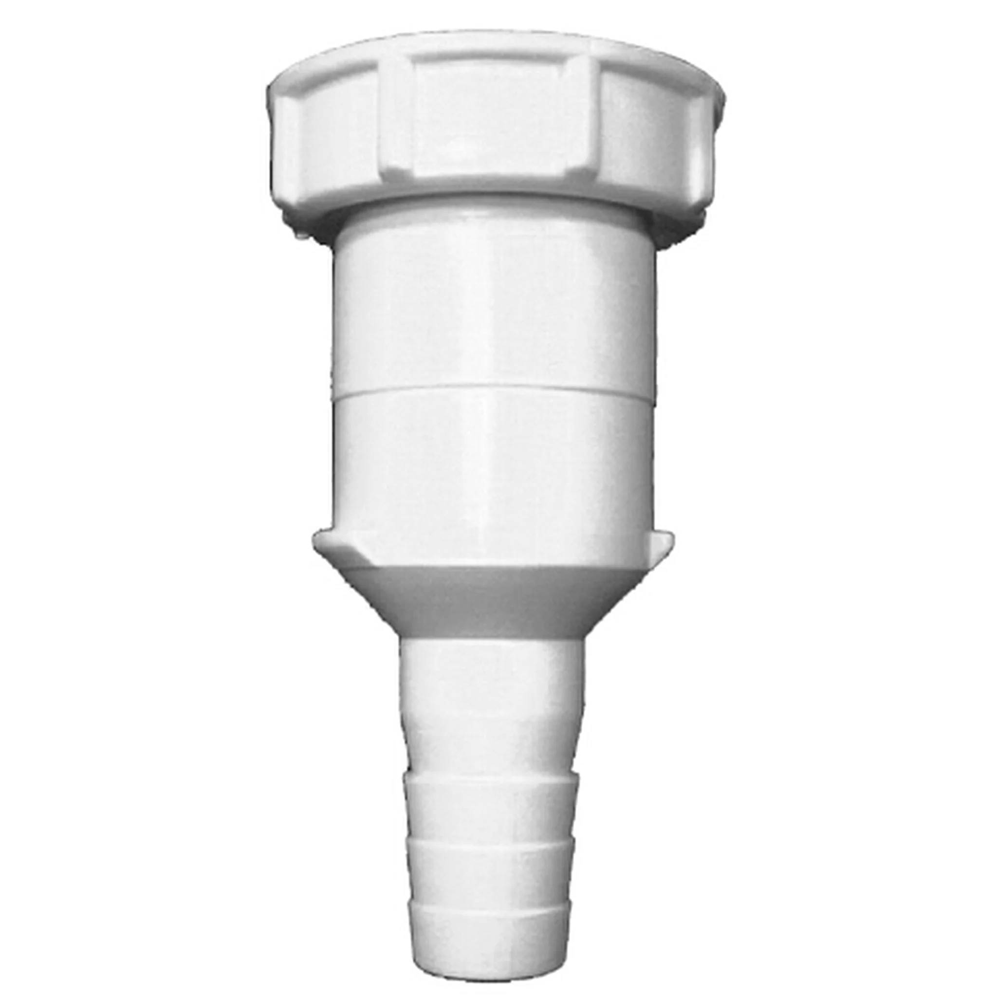 Weißer Kunststoffschlauch-Adapter mit breitem Gewinde oben und konischem geripptem Düsenschlauch auf einfachem Hintergrund.