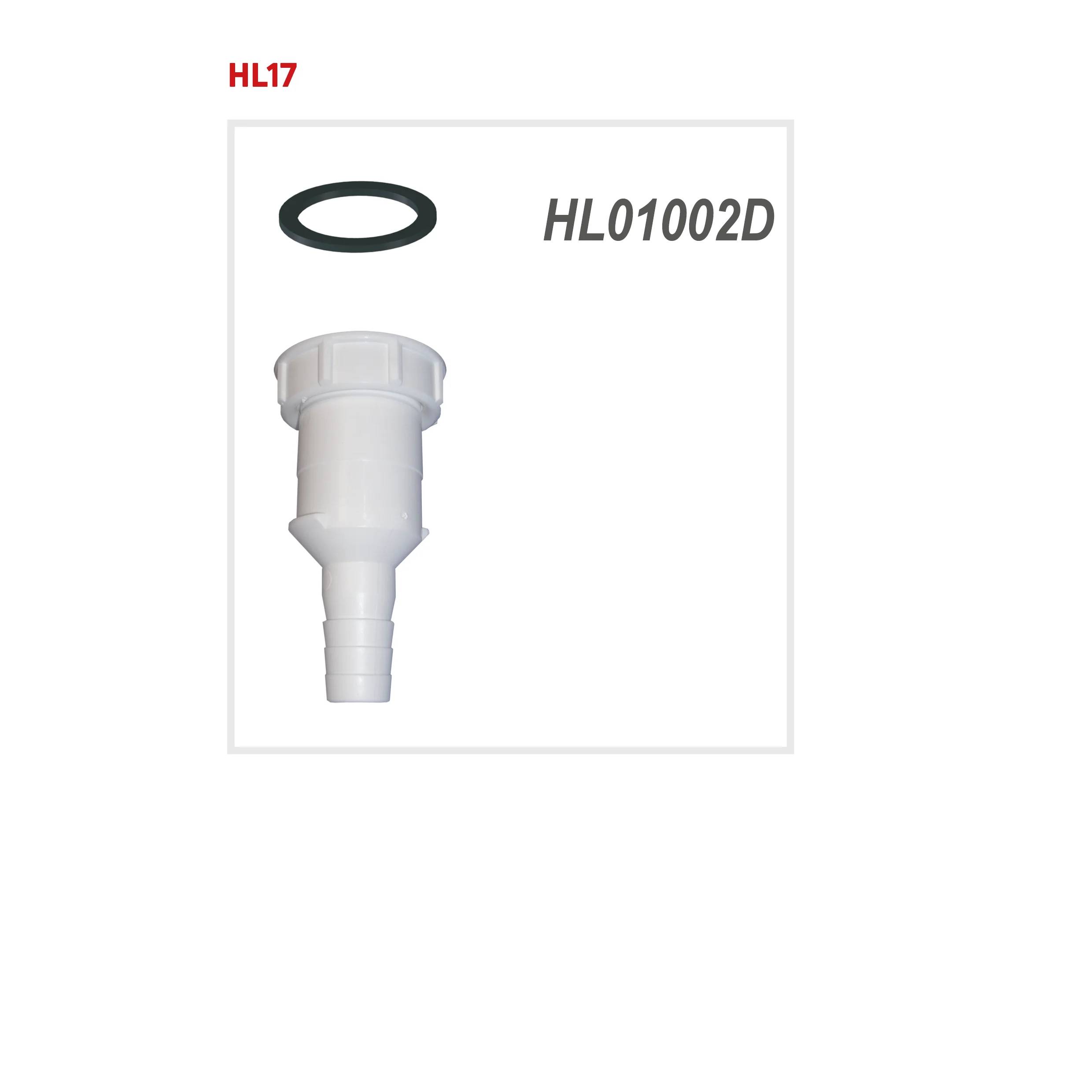 Produktbild einer weißen Kunststoffverbindungsfitting mit einem schwarzen O-Ring, mit den Bezeichnungen HL01002D und HL17.