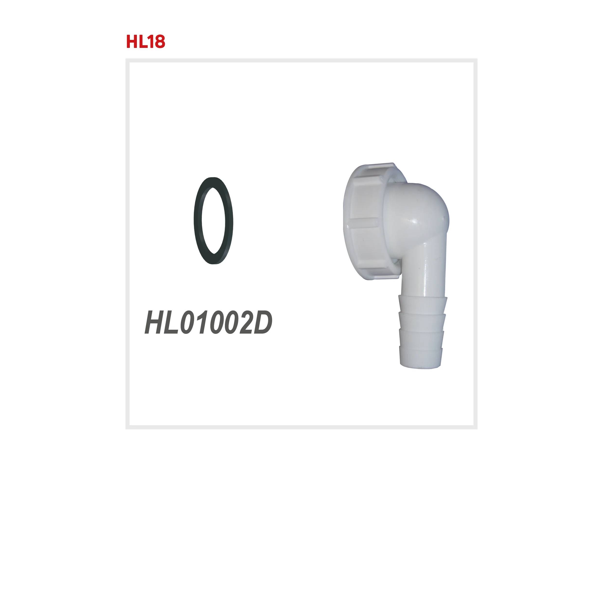 Produktabbildung eines weißen Kunststoff-Rohrbogensteckers mit schwarzem O-Ring, gekennzeichnet mit „HL01002D
