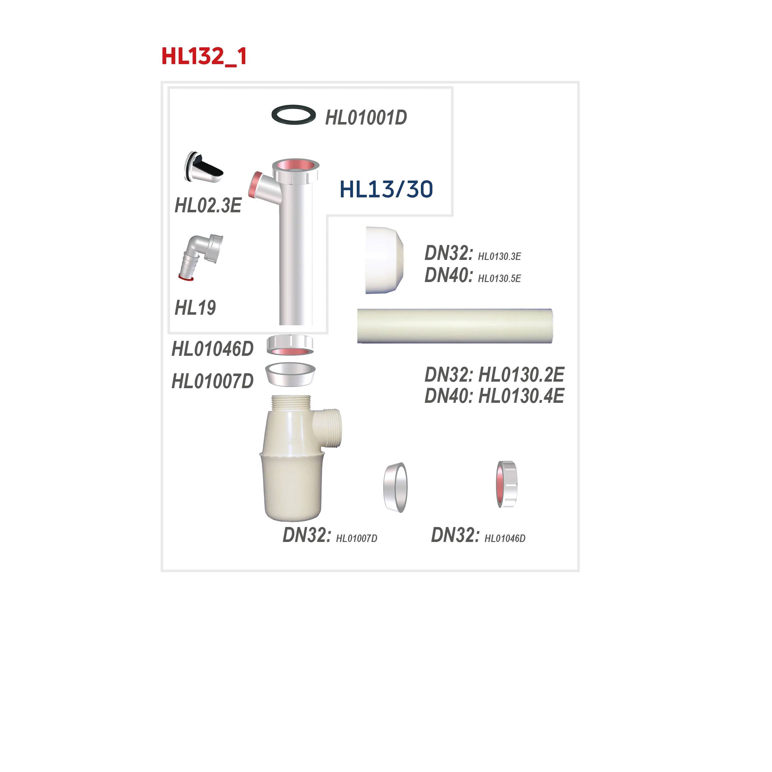 Technisches Produktdiagramm für HL132_1 HL13/30 Entwässerungsteile, das mehrere Verschraubungen und Rohrbauteile mit den Größen DN32 und DN40 zeigt.