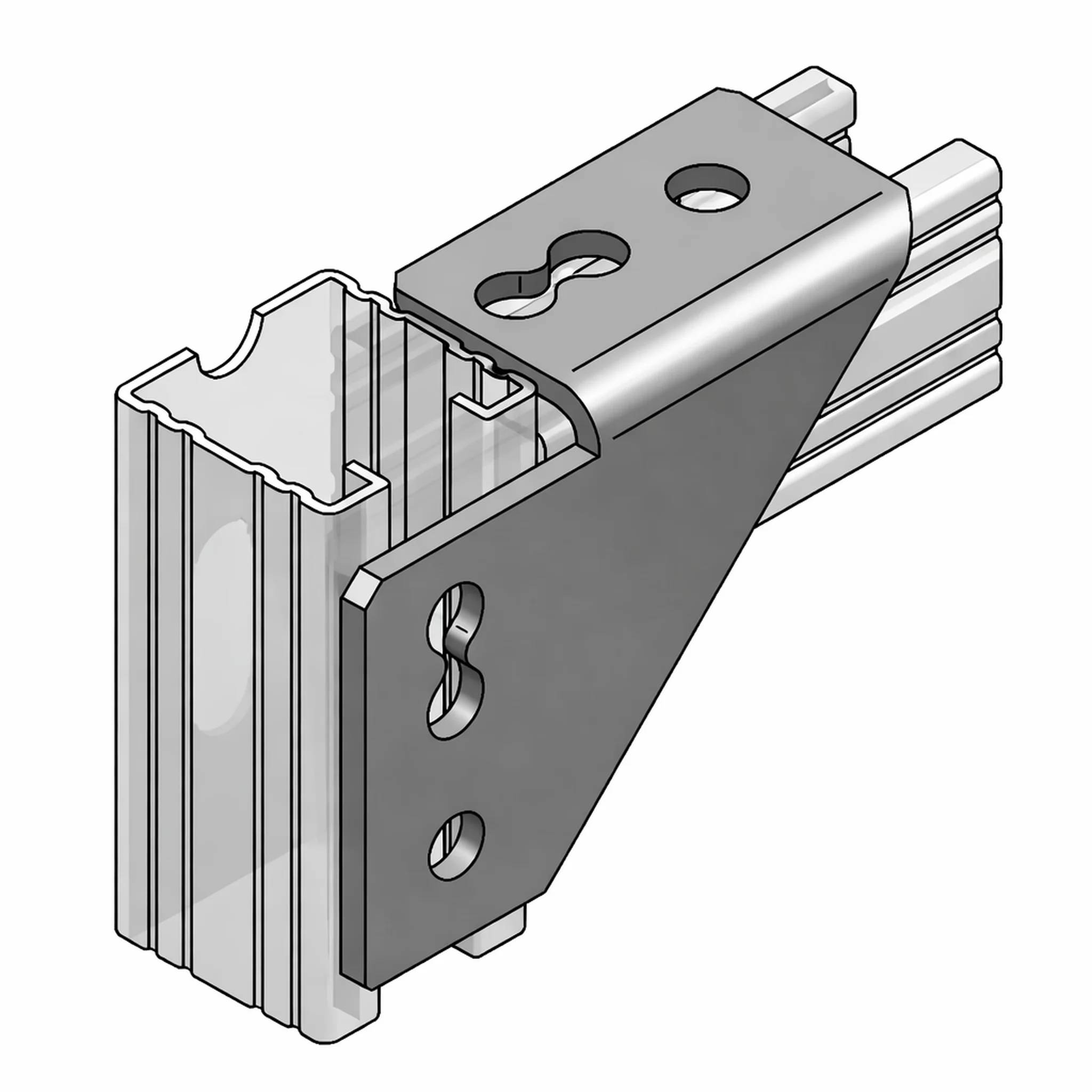 3D-Rendering einer Metallmontageklammer, die ein Aluminium-Strangpressprofil an einer Schiene befestigt, mit Bohrungen für Bolzen und Verbindungspunkten.