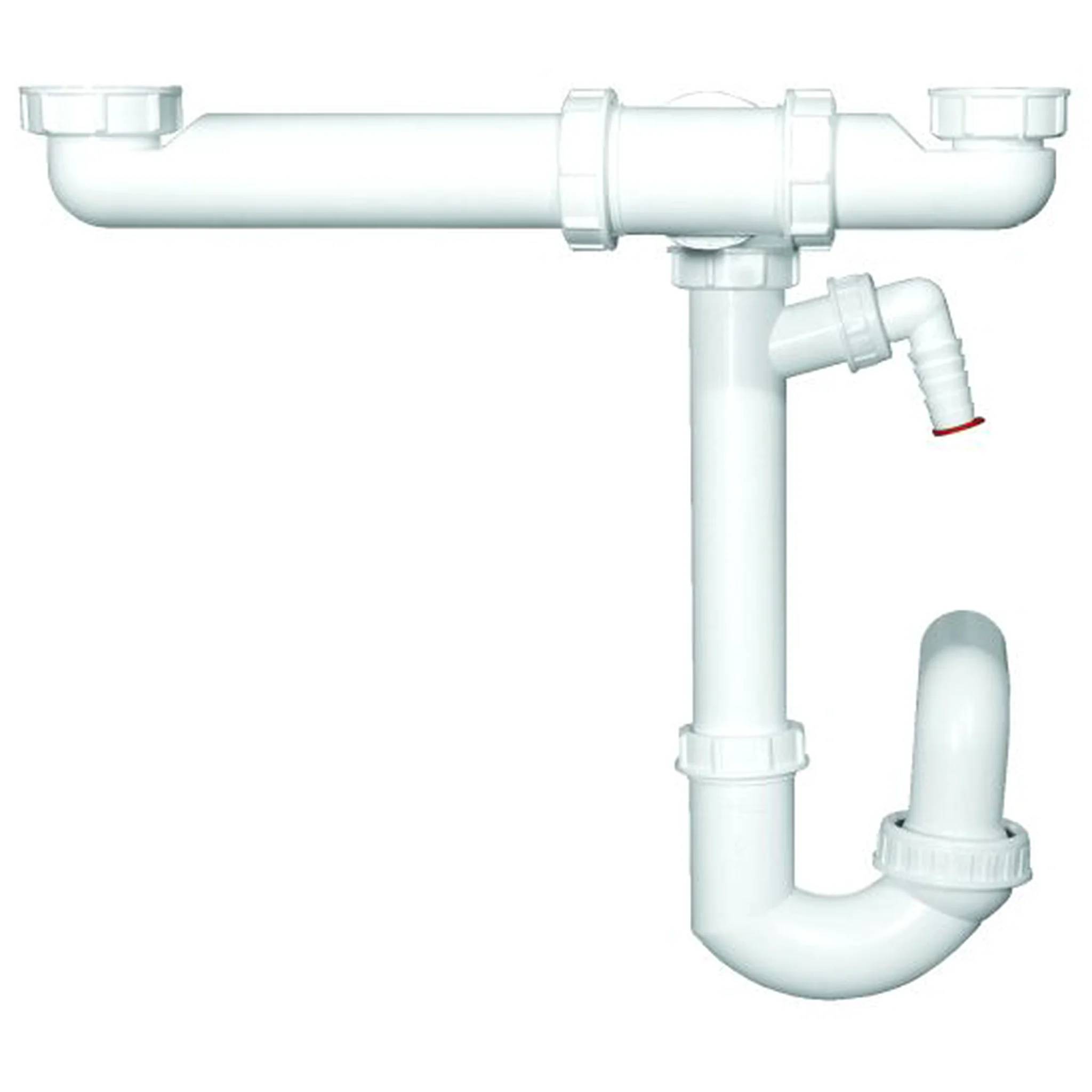 Weißer Kunststoff-Siphon unter dem Waschbecken mit horizontalem Rohr, vertikalem Fallrohr und seitlichem Geschirrspüler-Schlauchanschluss auf weißem Hintergrund