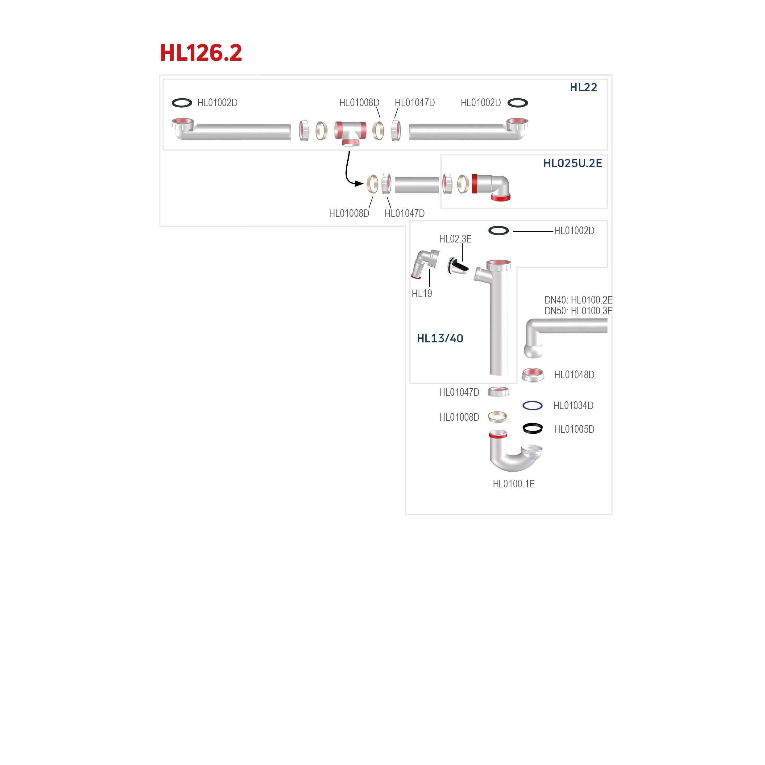 Technisches Teilediagramm mit der Bezeichnung 'HL126.2' mit Rohren und Montagebaugruppen mit Artikelnummern, Verbindungsstücken, Rohrbogen und vertikalen Entwässerungsabschnitten.