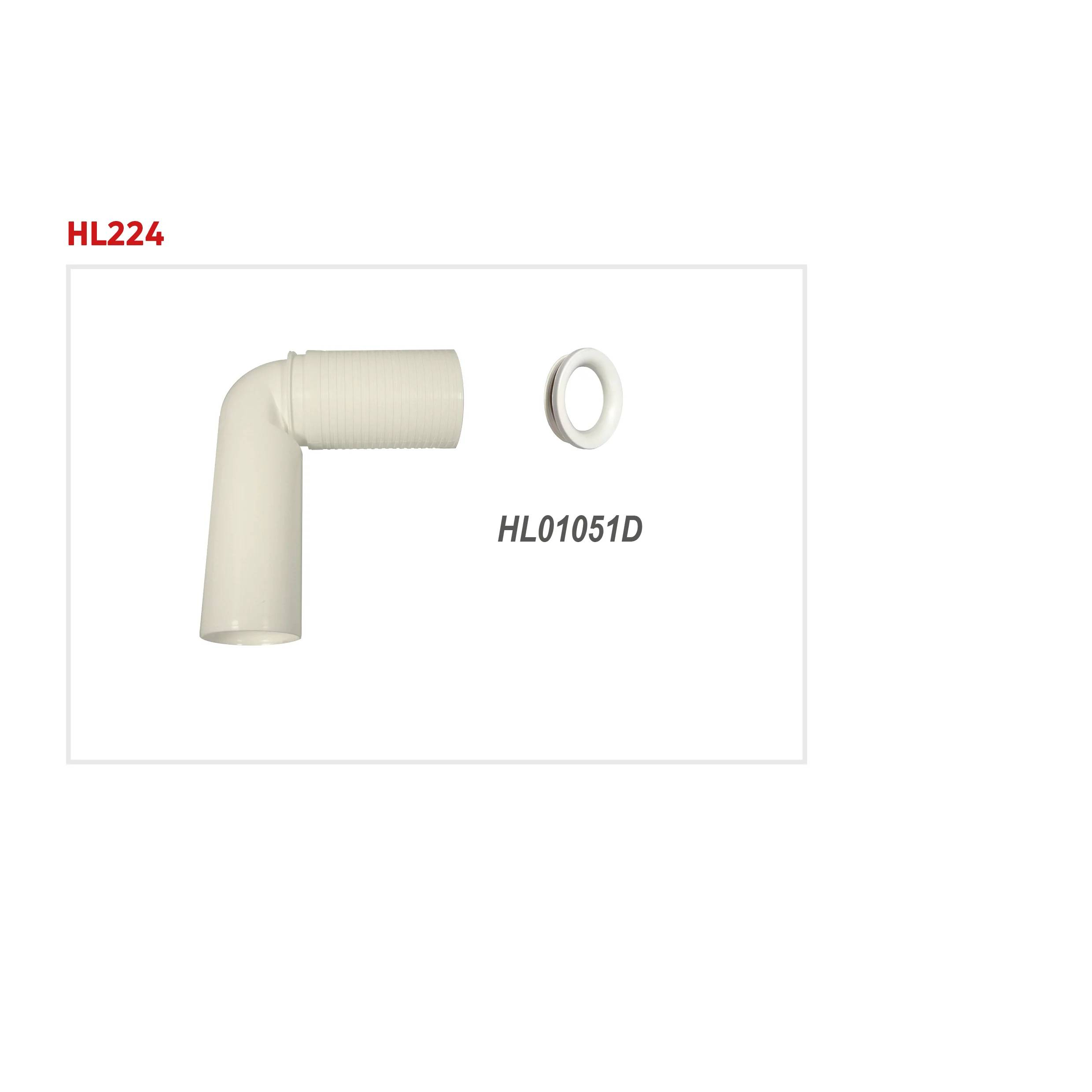 Weiße 90-Grad-Rohrwinkel-Verbindung mit der Bezeichnung HL224, dargestellt mit einem kleinen Ring-Zubehör mit der Bezeichnung HL01051D auf einfachem Hintergrund.