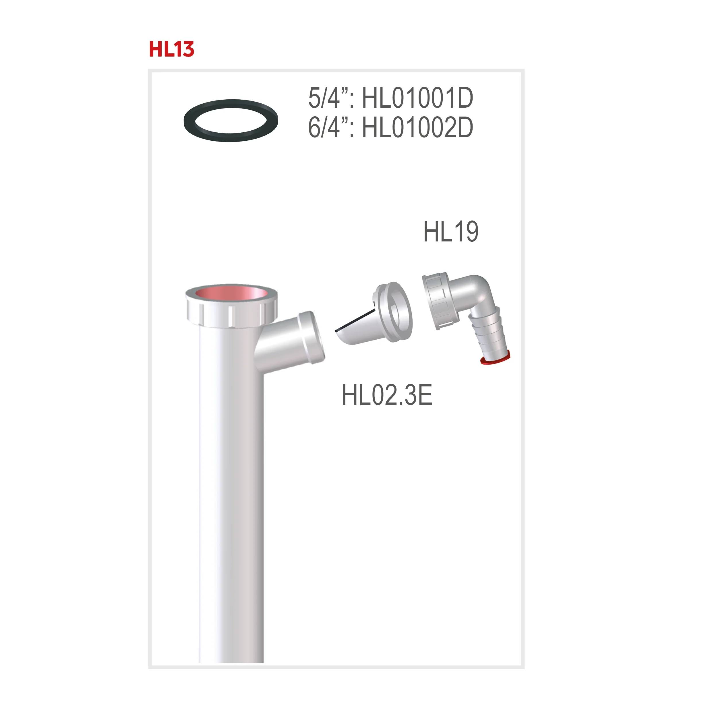 Sanitärinstallationsschema mit HL13-Ring, HL02.3E-Verbindungsstück und HL19-Winkel, mit Teilenummern 5/4' HL01001D und 6/4' HL01002D.