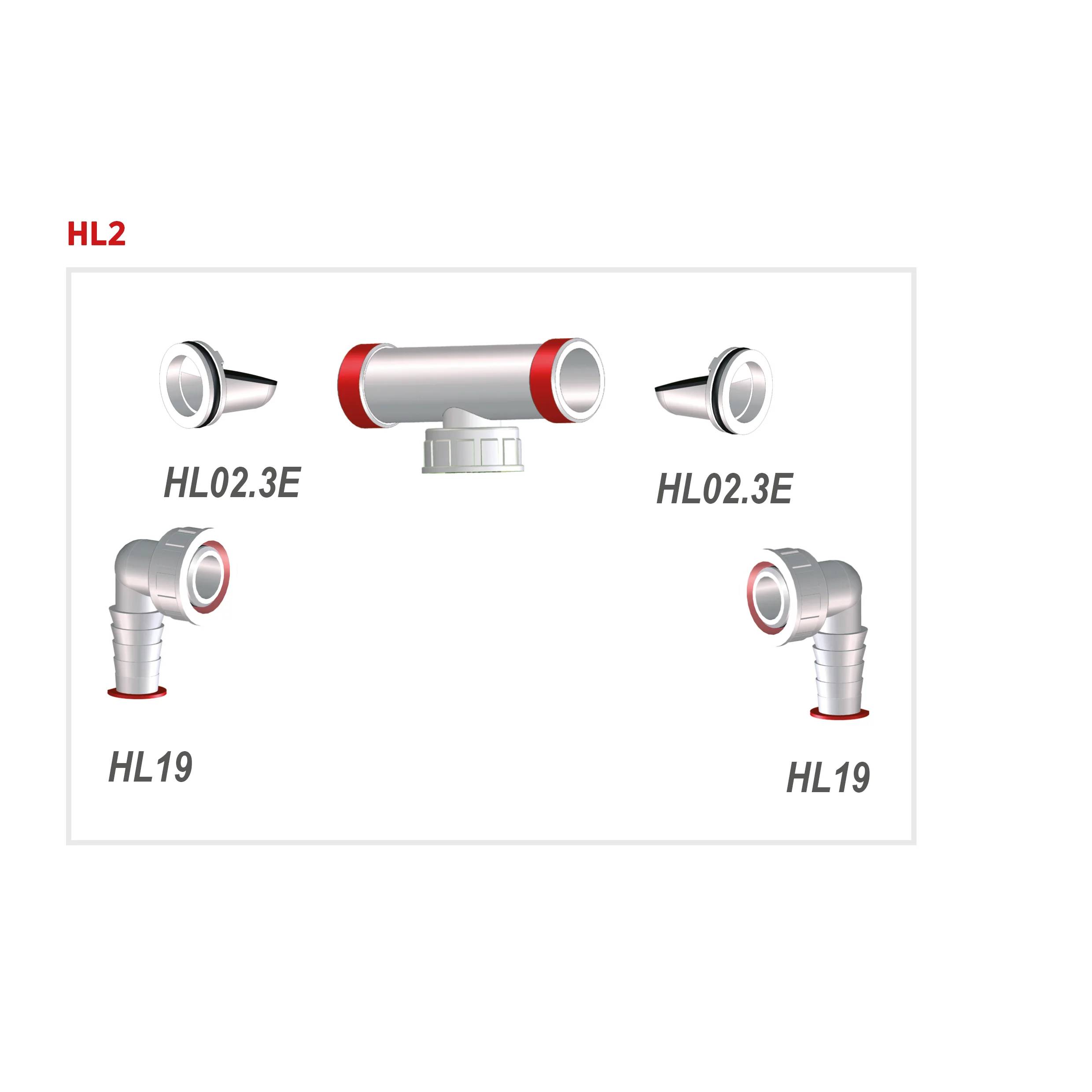Diagramm von HL2-Rohrverschraubungen, das eine zentrale horizontale Verbindung mit zwei HL02.3E-Enden und zwei HL19-Bogenverschraubungen unten links und rechts zeigt.