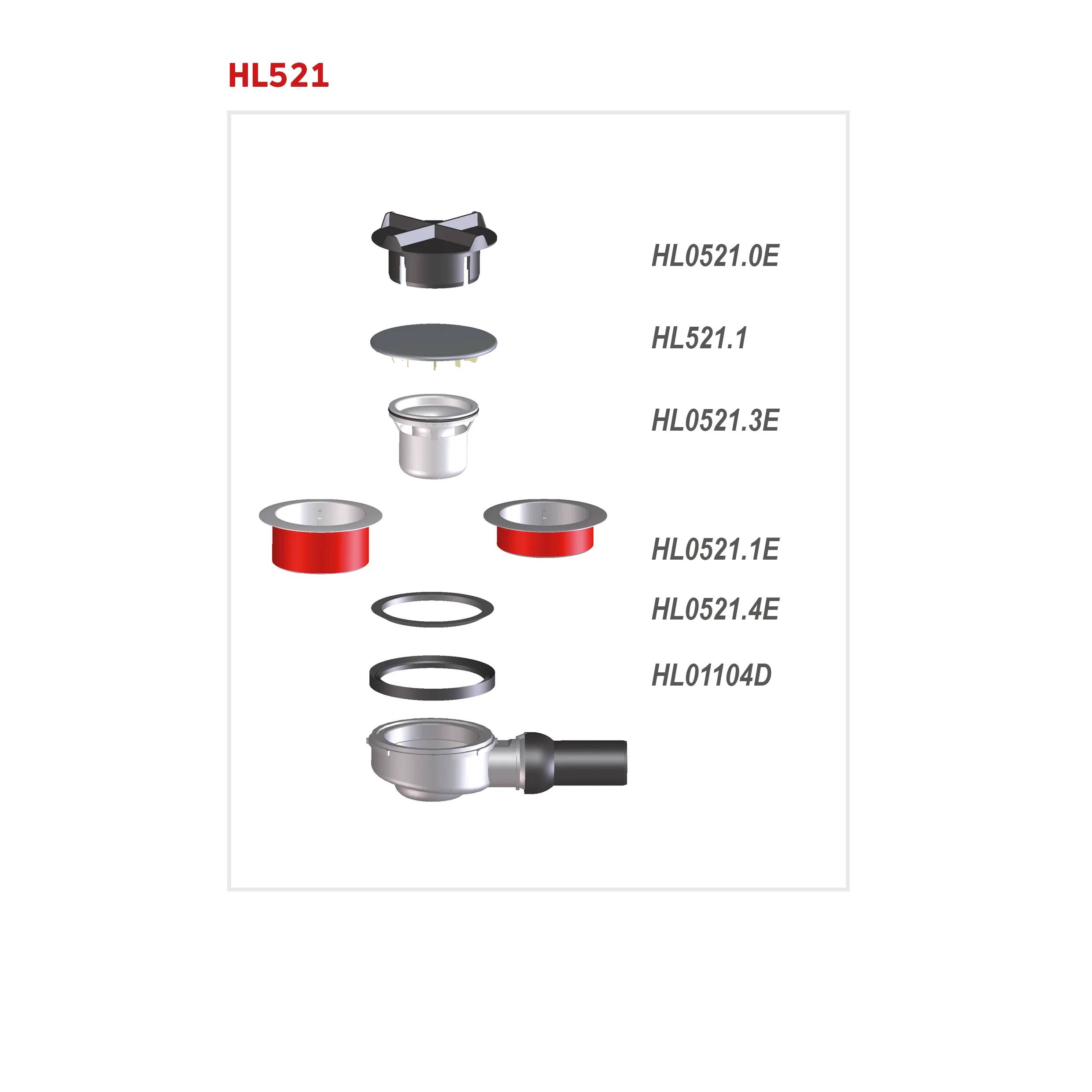Explodierte Teilzeichnung eines HL521 Espresso-Filterhalters mit gekennzeichneten Komponenten HL0521.0E, HL521.1, HL0521.3E, HL0521.1E, HL0521.4E und HL01104D.