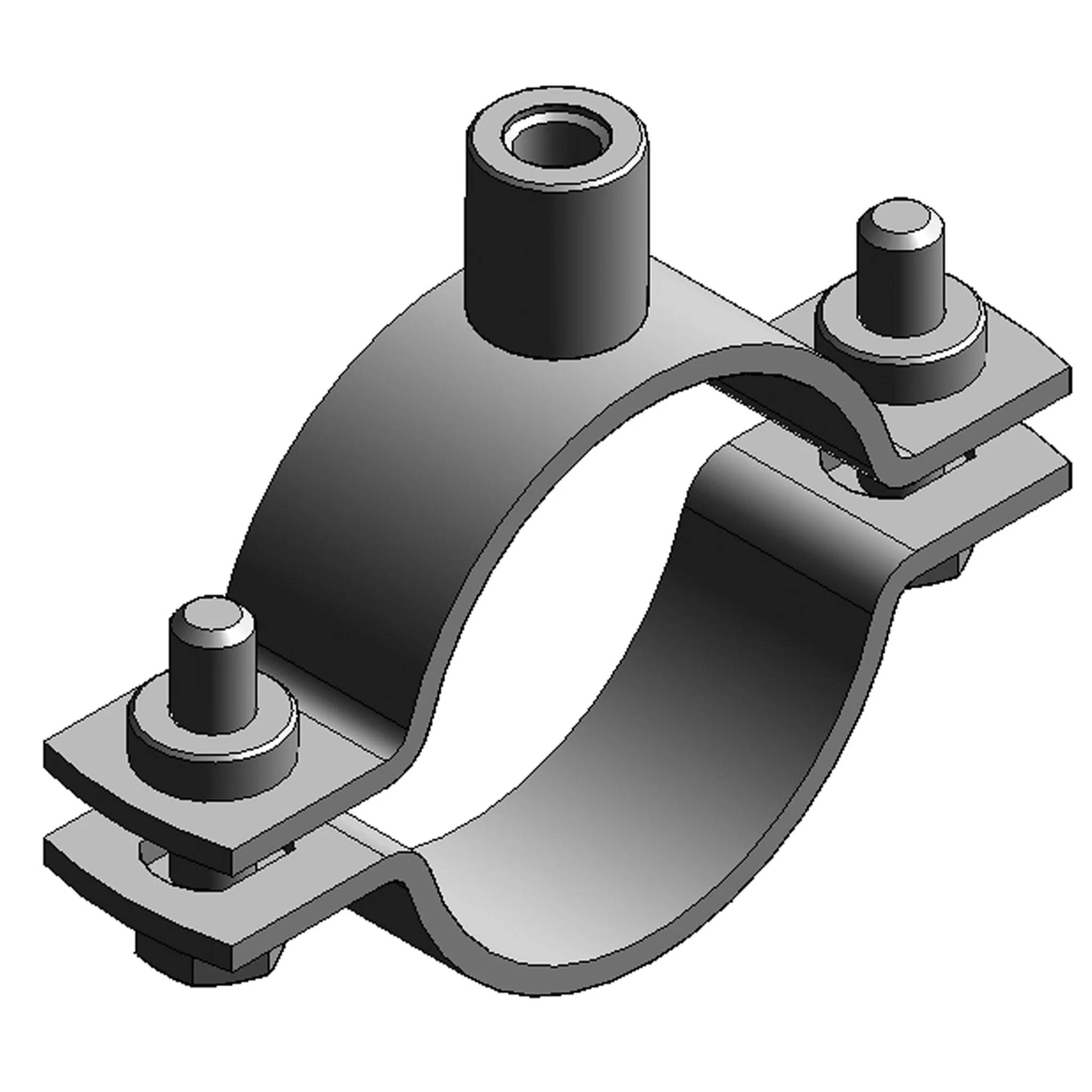 3D-Illustration einer Rohrklemmenhalterung mit zwei verschraubten Laschen, die eine zylindrische Klemme um ein Rohr sichern.