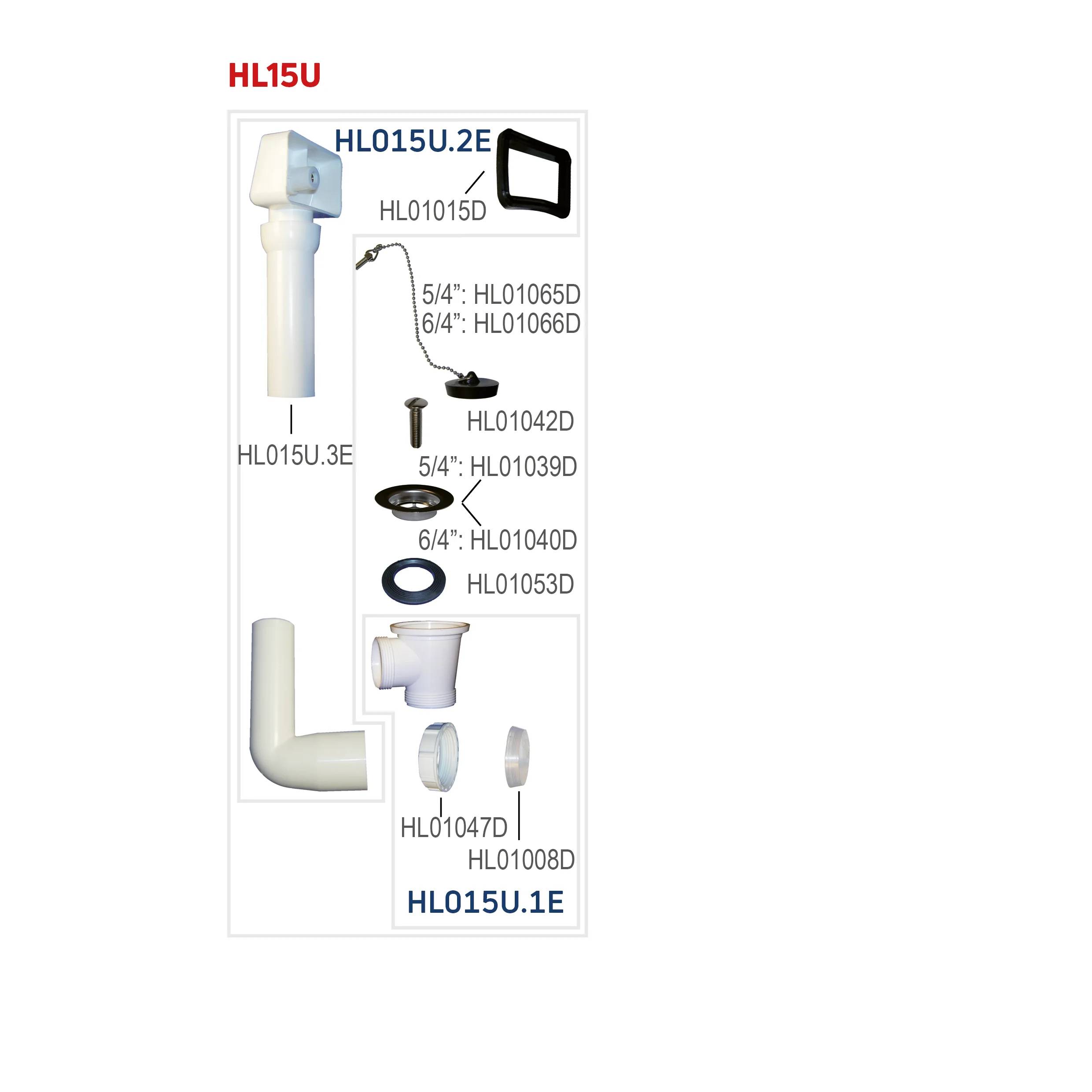 Diagramm des HL15U-Toilettenspülventils mit Darstellung der Hauptventilbaugruppe, des Rohrs, des Rohrkrümmers, der Dichtungen, der Schrauben und der Adapter mit Teilenummern.