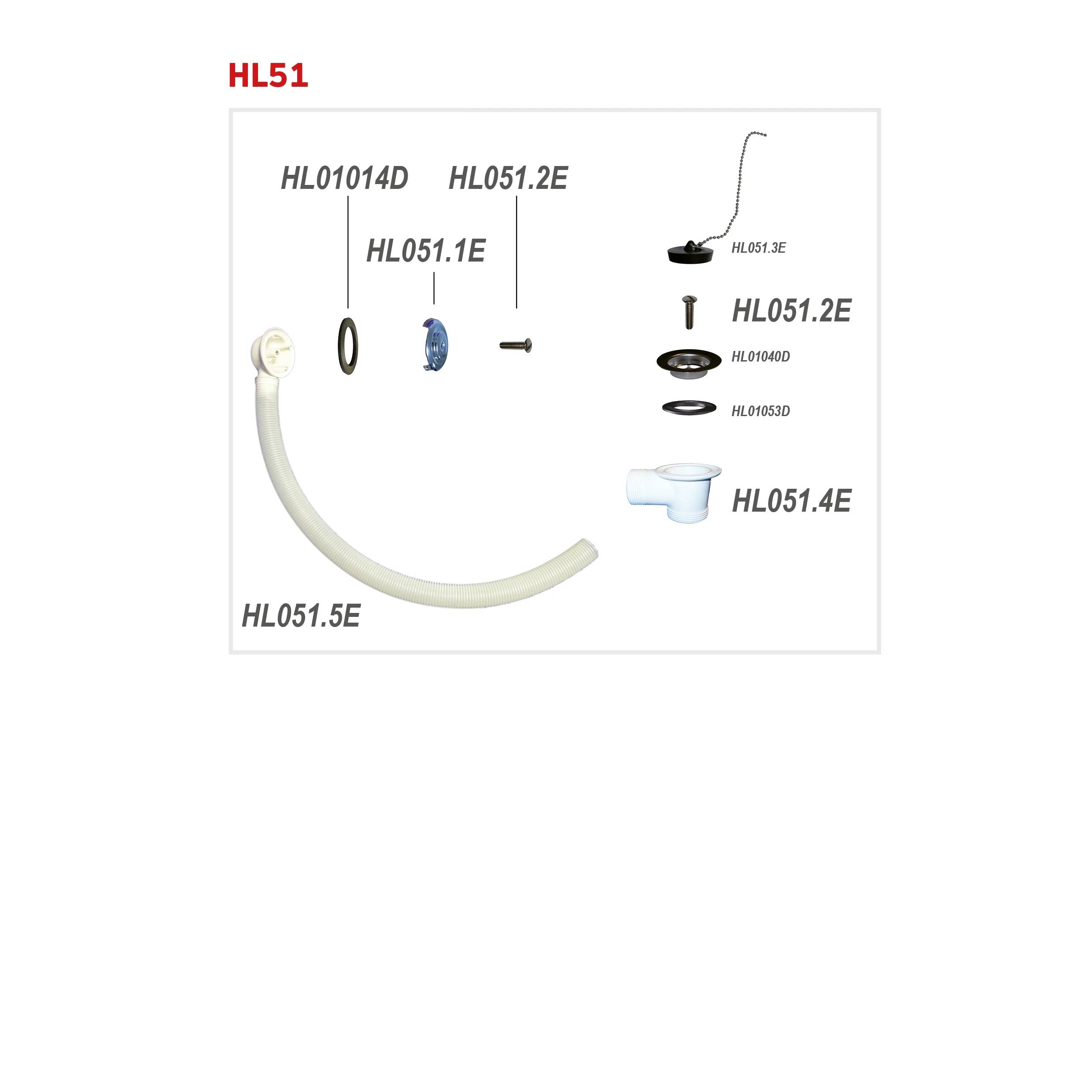 Teilediagramm für HL51 mit gekennzeichneten Badablauf-Komponenten und Schlauchbaugruppe: HL01014D, HL051.2E, HL051.1E, HL051.5E, HL051.4E.