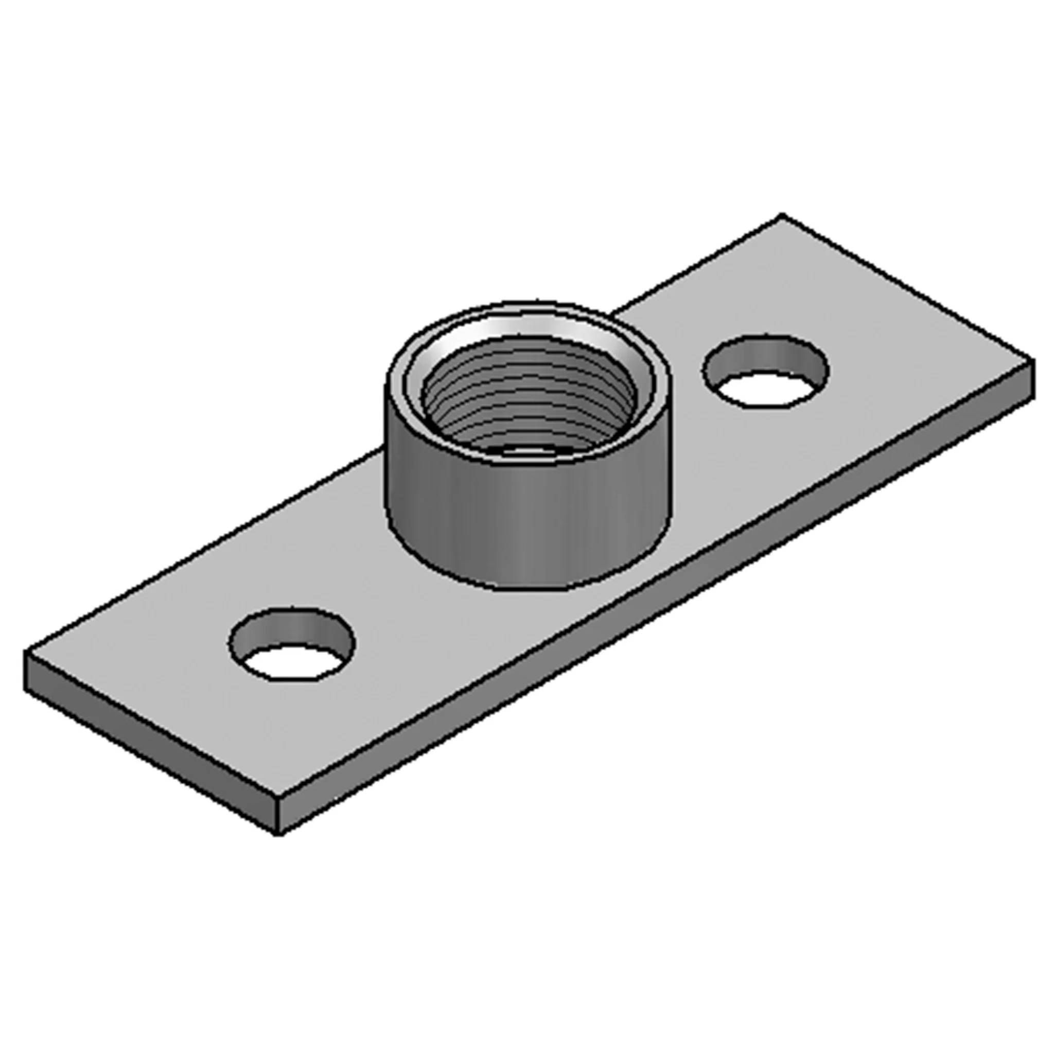 3D-Illustration einer Metallbefestigungsplatte mit zwei Schraubenlöchern und einer zentralen gezahnten zylindrischen Erhebung.