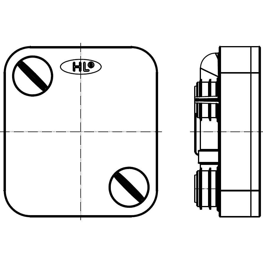 Technische Strichzeichnung eines quadratischen Geräts mit zwei Schraubenköpfen und HLO-Logo, dargestellt in Vorder- und Seitenansicht.