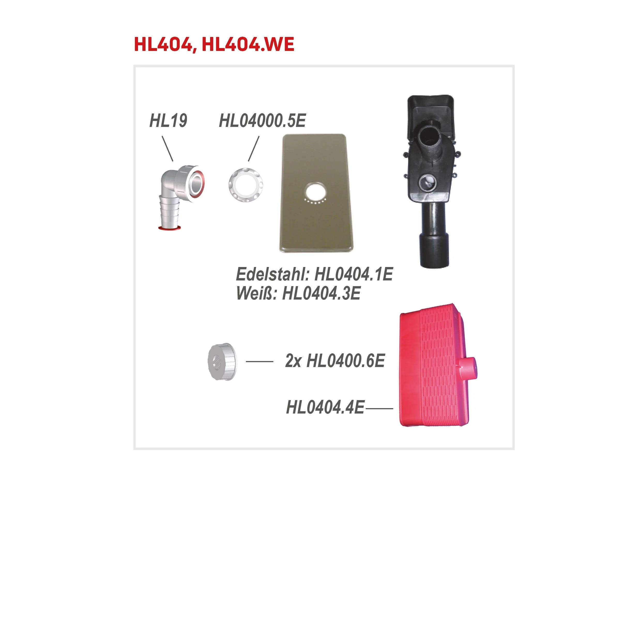 Produktdiagramm für HL404/HL404.WE mit Teilkomponenten und Beschriftungen: HL19, HL04000.5E, HL0404.1E/3E, 2x HL0400.6E und HL0404.4E.