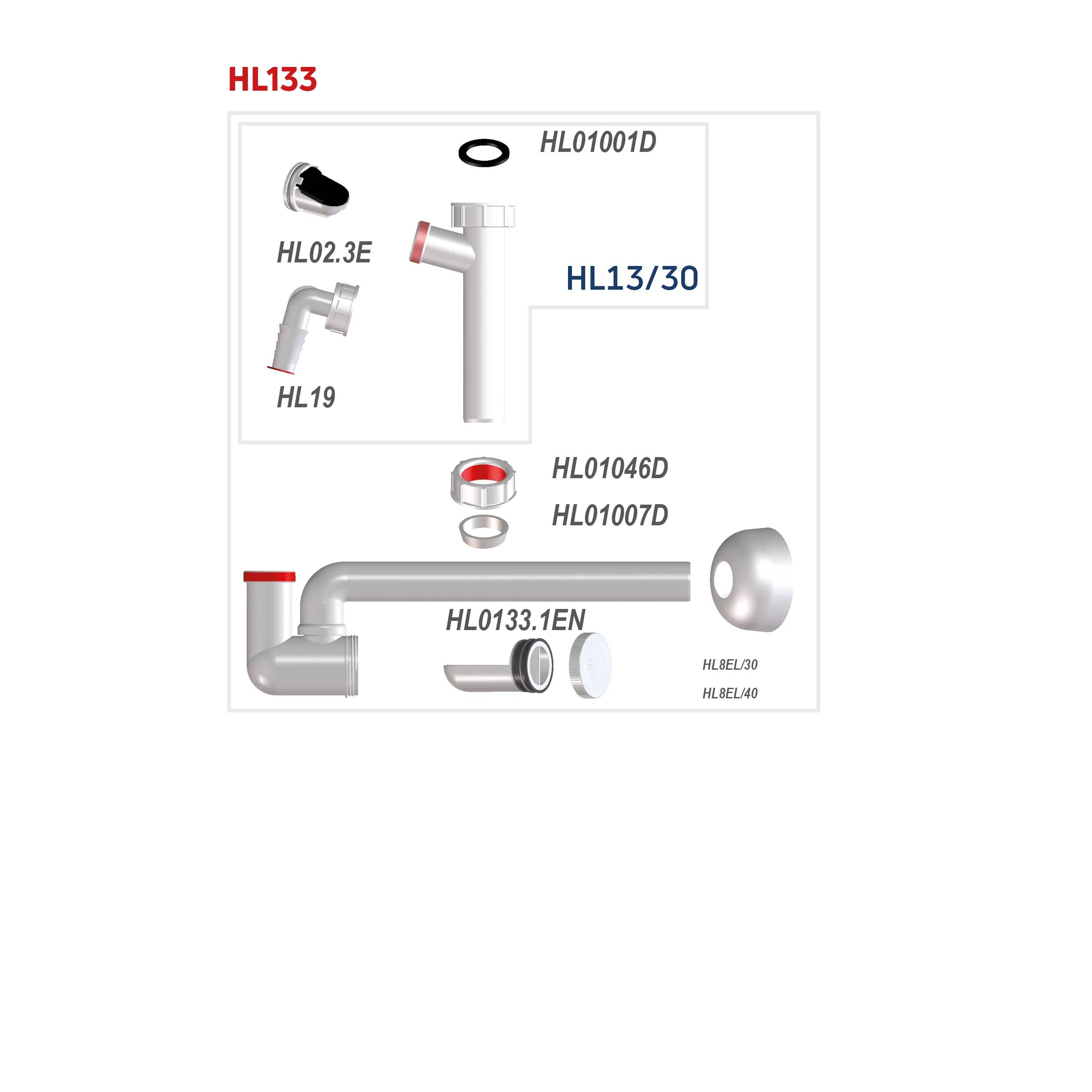 Installationsschema HL133 zeigt Duschablauf-Rohrbauteile und Verbindungsstücke mit Komponentencodes HL01001D, HL02.3E, HL19, HL01046D, HL01007D, HL0133.1EN, HLB30 und HLAE40.