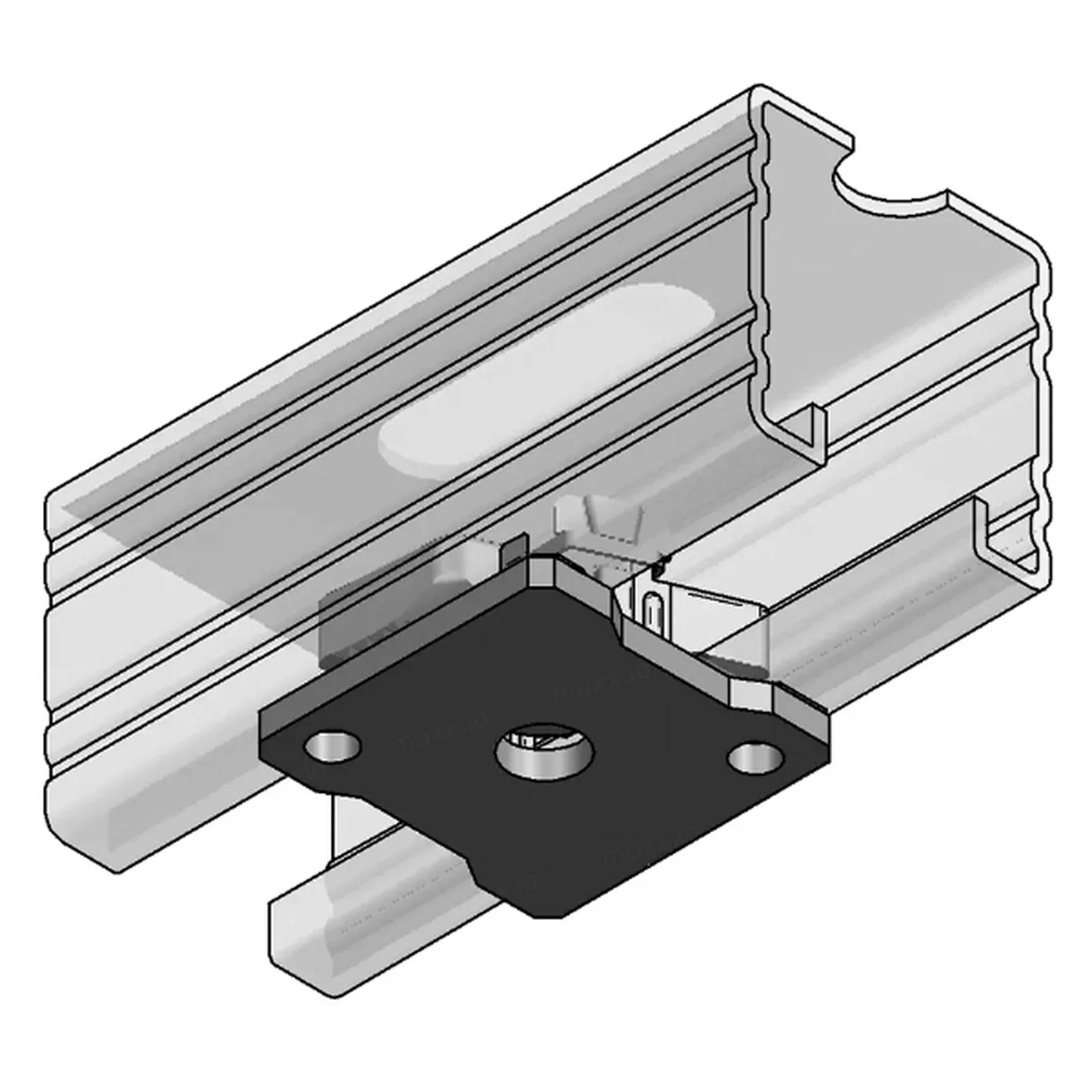 Diagramm einer Metallklammer, die in eine Kanalschiene montiert wird, wobei ein Bolzen die Klammer im Profil sichert.