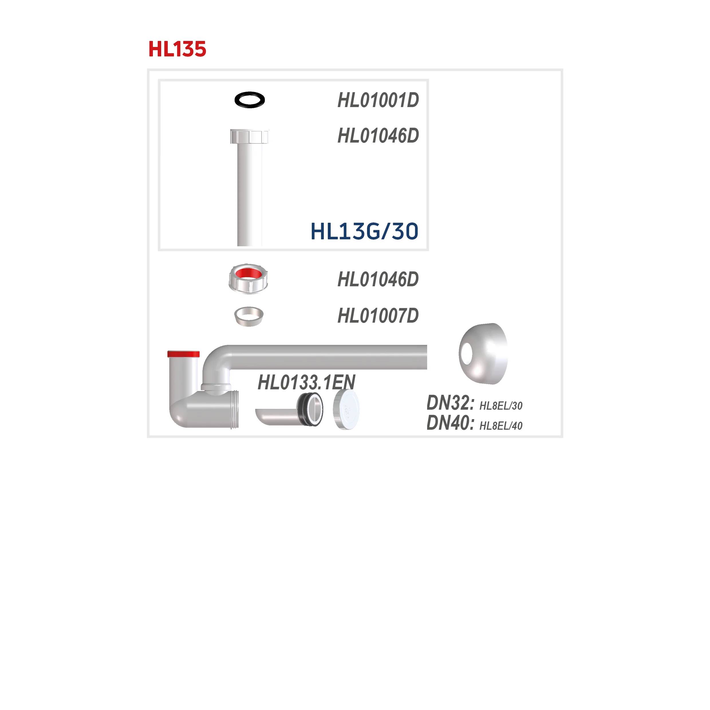 Technisches Sanitärinstallationsschema für HL135 mit Ablaufkomponenten und Teilenummern HL13G/30, HL0133.1EN, DN32 und DN40 Anschlüsse.