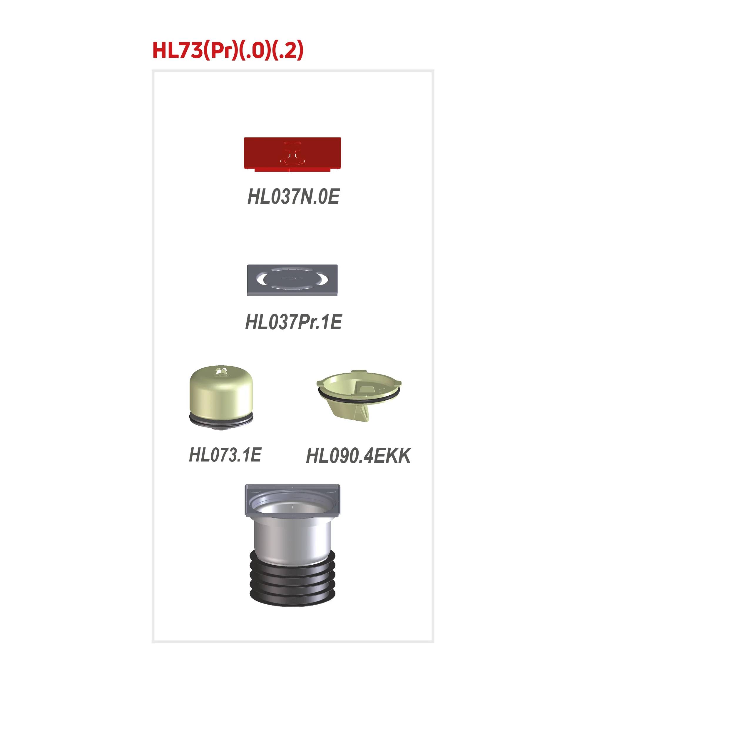 Diagramm von drei-Stufen-Hardwareteilen: rotes Teil HL037N.0E, graues Teil HL037Pr.1E, zwei Kappen HL073.1E und HL090.4EKK, und eine montierte Befestigung darunter.