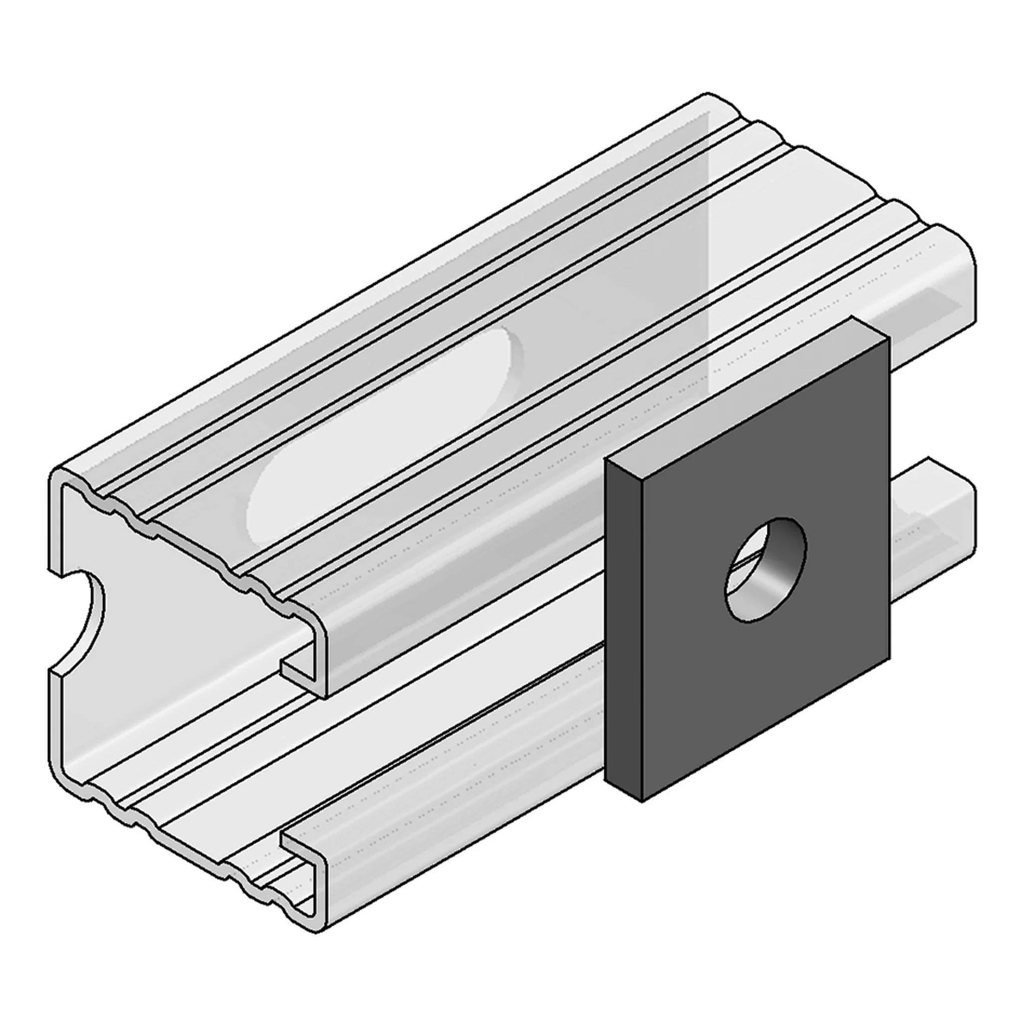 Explodierte Darstellung eines Aluminiumprofils mit quadratischer Montageplatte und Mittelloch auf den Kanal ausgerichtet.