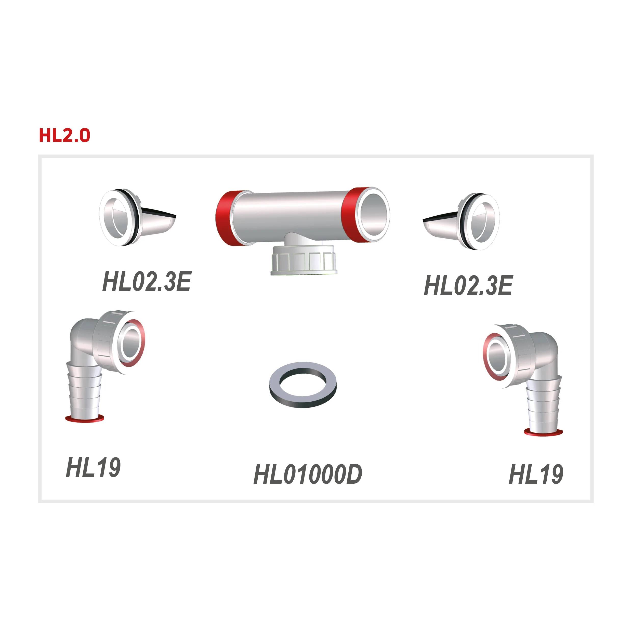 Diagramm von HLK-Luftkanalverbindungen mit den Bezeichnungen HL2.0, HL02.3E, HL19 und HL01000D, das ein zentrales Luftkanalrohr mit Seitenverbindern und Bogenstücken zeigt.