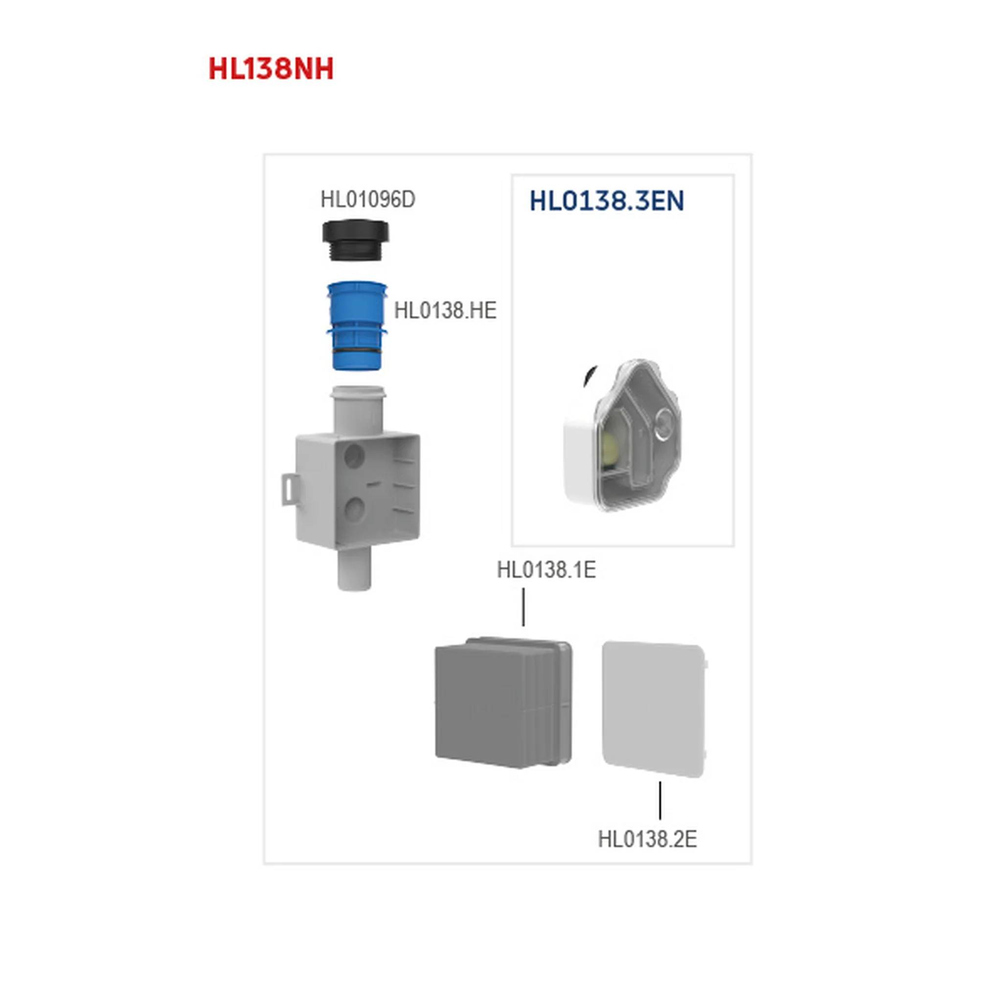 Diagramm der HL138NH-Teile mit grauem Gehäuse und beschrifteten Komponenten: HL01096D-Kappe, HL0138.HE blauer Einsatz, HL0138.3EN Hauptbaugruppe und HL0138.1E und HL0138.2E Abdeckungen.