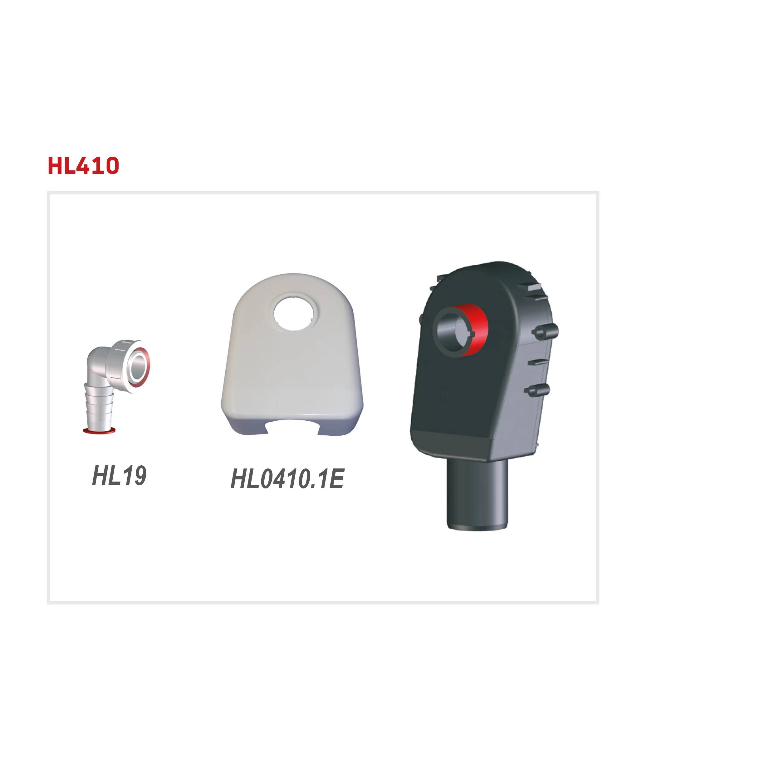 Produktdiagramm mit HL410 und drei Teilen: HL19-Winkelverbinder, HL0410.1E-Abdeckung und eine schwarze Sensoreinheit.