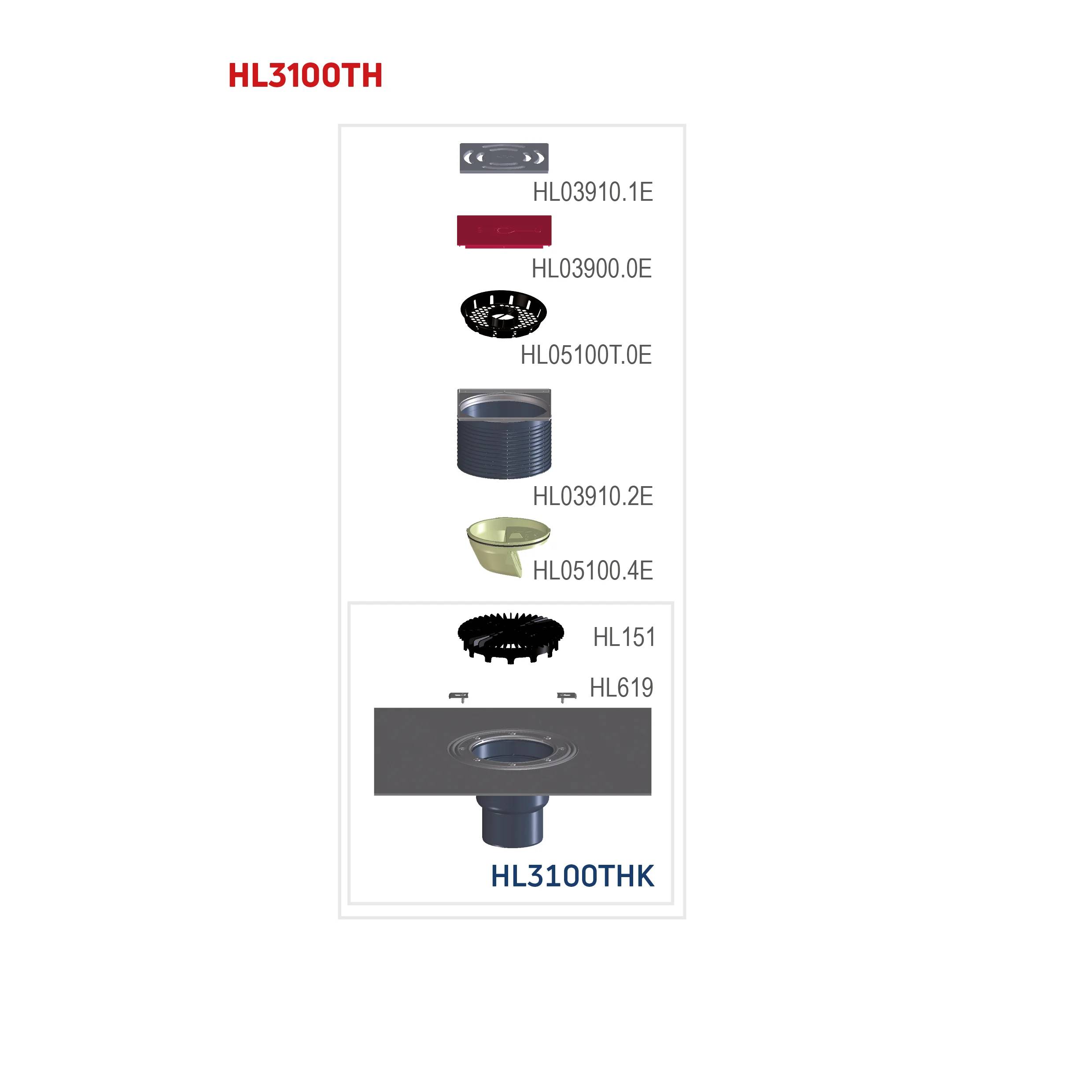 Diagramm der Ablaufkomponenten des HL3100TH mit kompatiblen Teilen und Beschriftungen: HL03910.1E, HL03900.0E, HL05100T.0E, HL03910.2E, HL05100.4E, HL151, HL619 und HL3100THK.