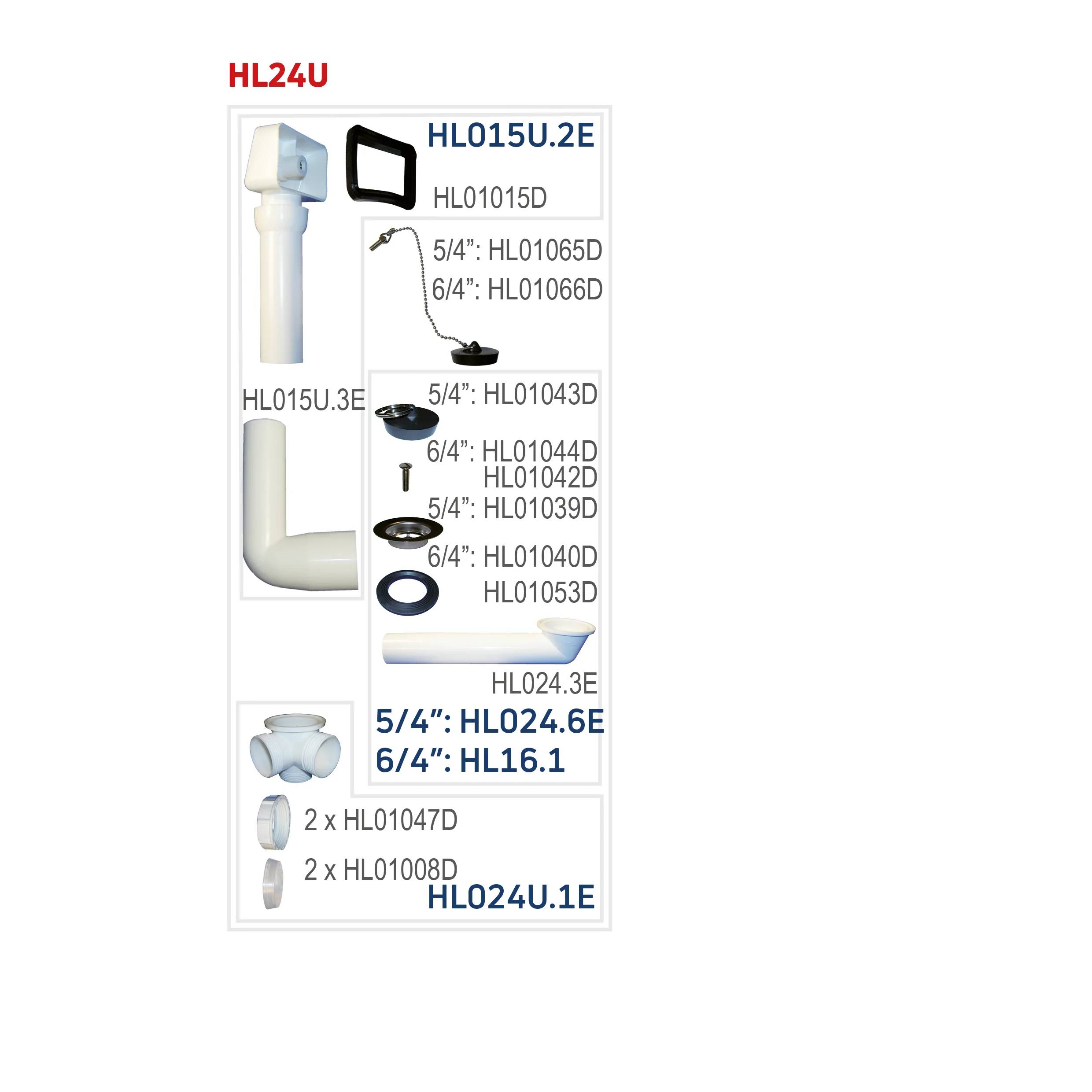 HL24U Sanitärteile-Diagramm mit Toiletten- und Ablaufkomponenten mit Modellnummern für 5/4-Zoll- und 6/4-Zoll-Größen.