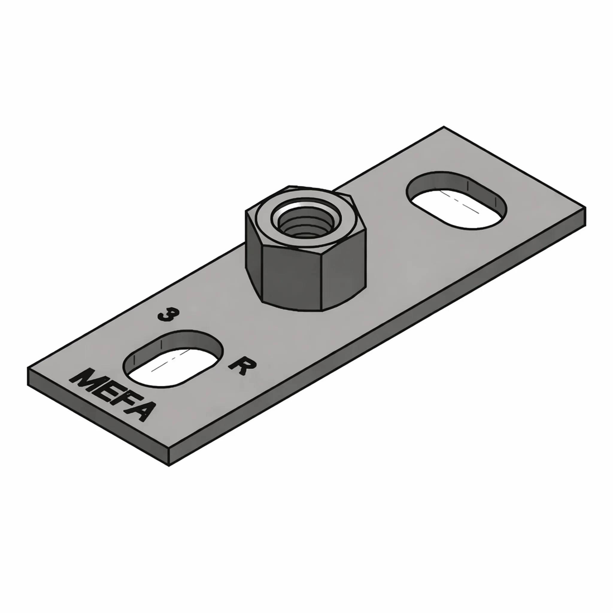 Eine Metallmontierungsplatte mit zwei geschlitzten Bohrungen und einer zentrierten Sechskantmutter, mit der Bezeichnung „MEFA