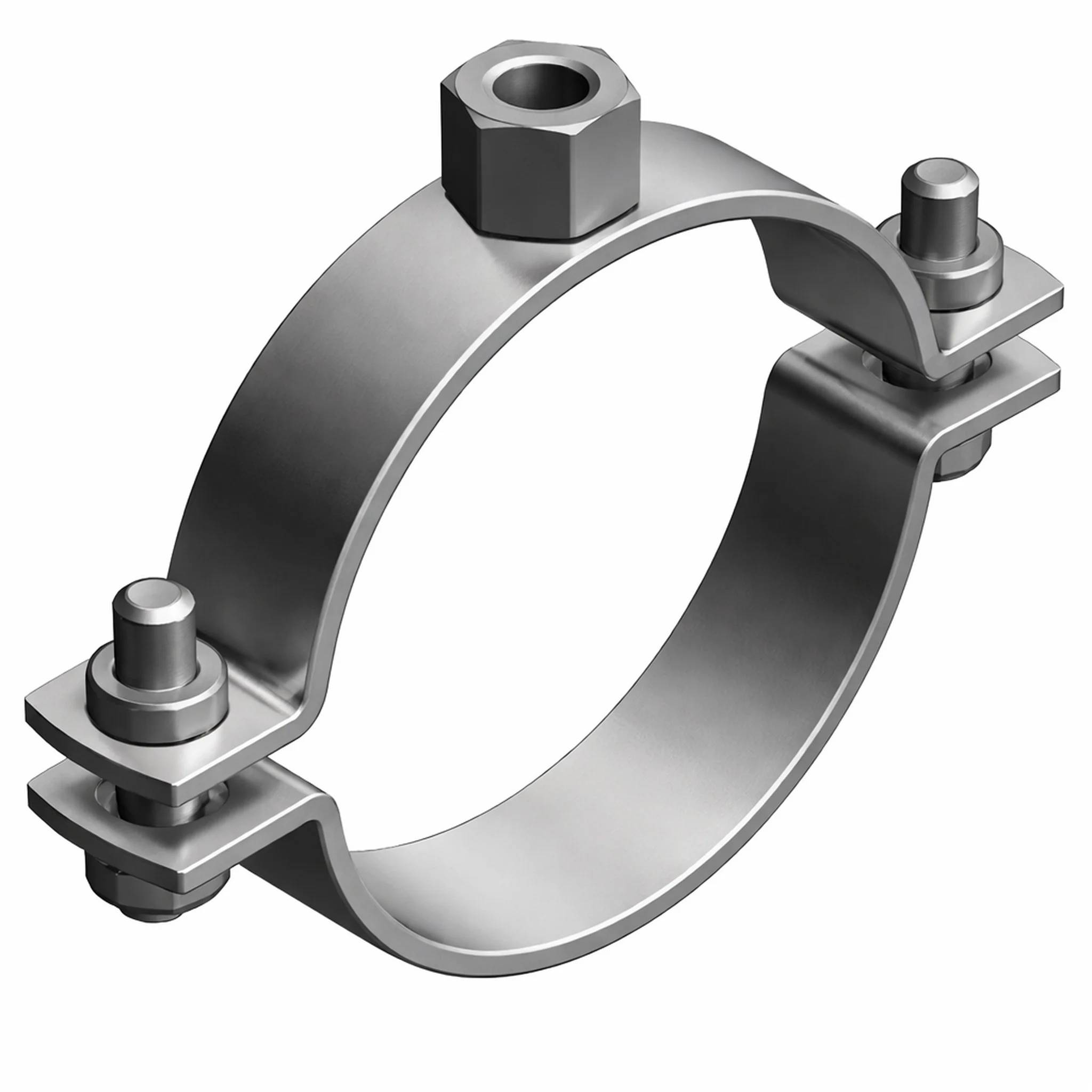 Metallrohrschelle mit Schraubenbefestigung und oberem Sechskantmutter, isoliert auf weißem Hintergrund dargestellt.