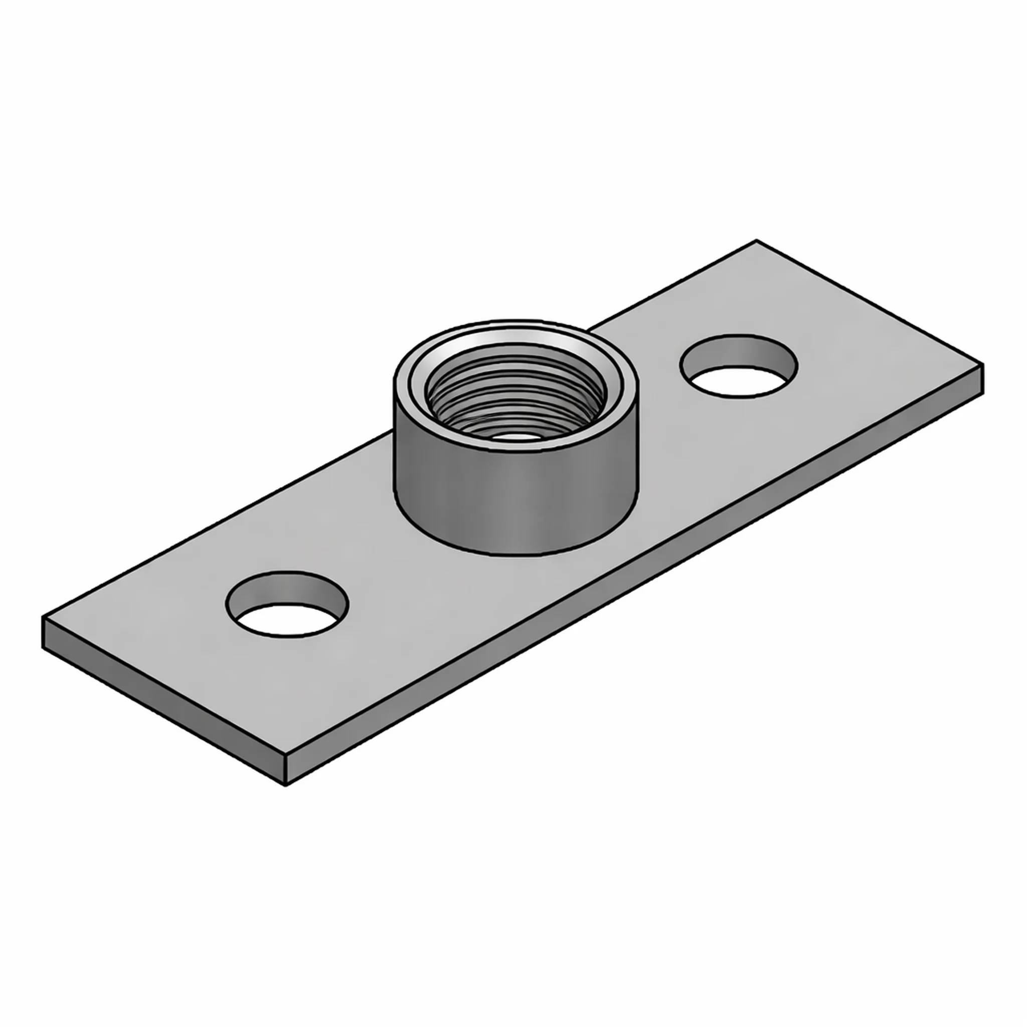 Metallmontageplatte mit zwei Schraubenlöchern und einer zentralen Gewindezylindermutte oder -einsatz.