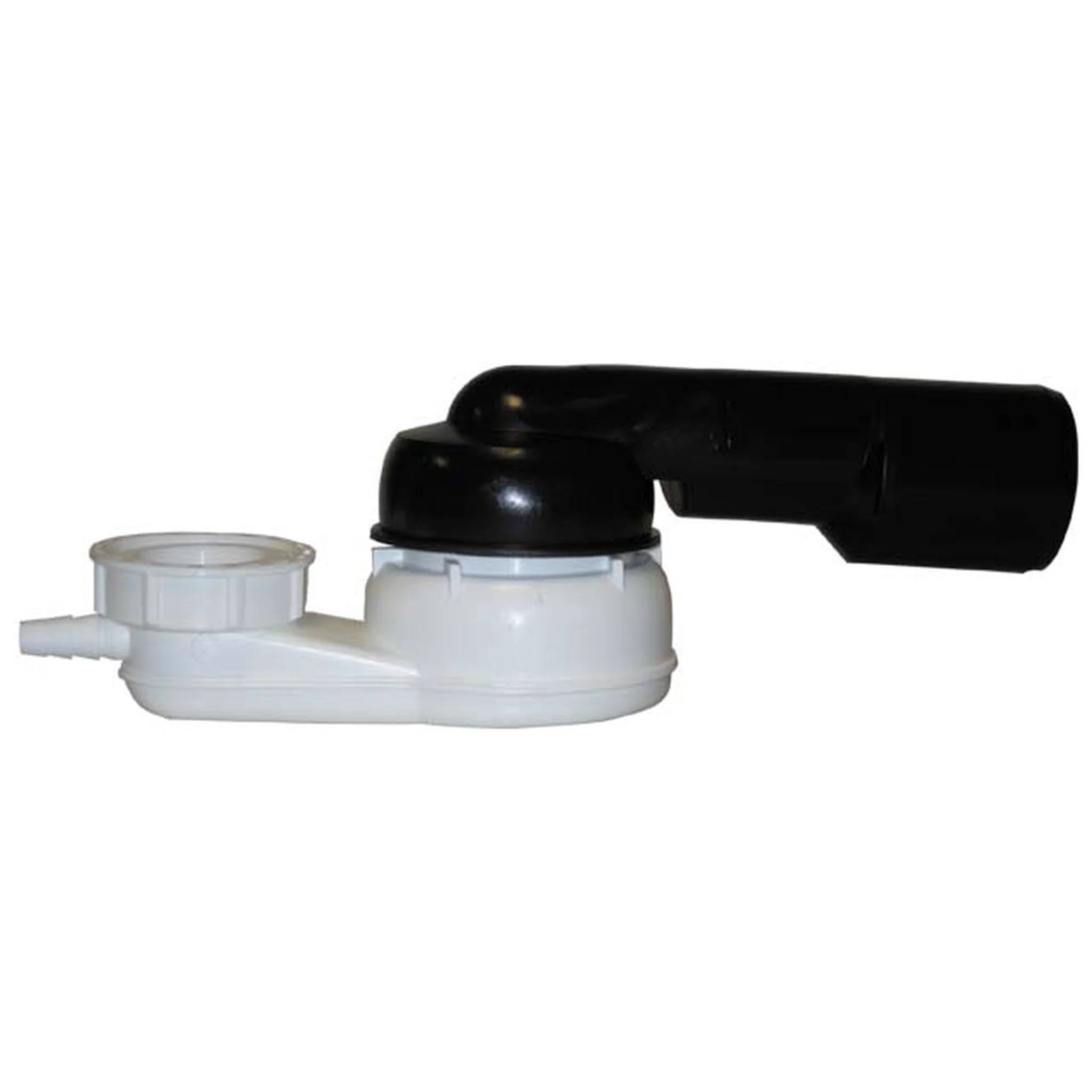 Weißer Kunststoff und schwarzer Wasserhahnansetzer/Adapter mit Seiteneinlass, gezeigt auf weißem Hintergrund