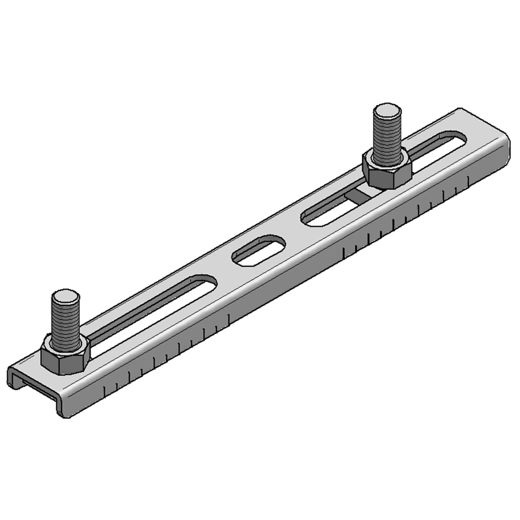 Illustration einer Schlitzschiene aus Metall mit zwei verstellbaren Gewindeschrauben und Muttern, die zum Ausrichten oder Befestigen von Komponenten verwendet wird.