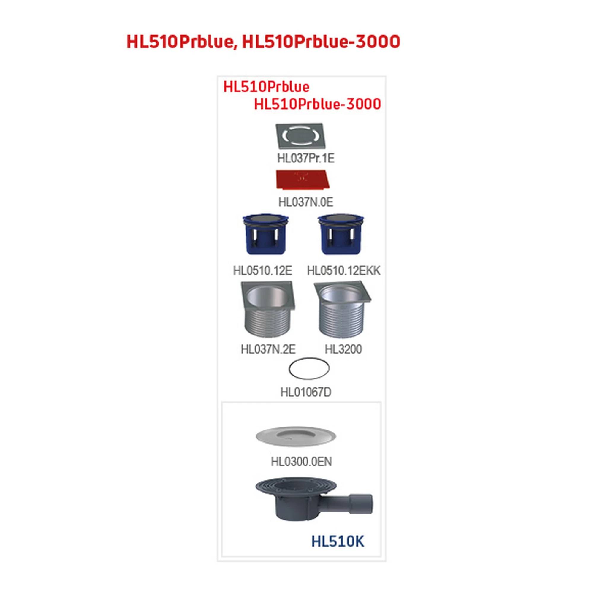 Teilediagramm für HL510Prblue/HL510Prblue-3000 mit Komponentenbeschriftungen und Optionen, einschließlich HL510K, Kappen, Eimer, Gewindefittings und Dichtungen.