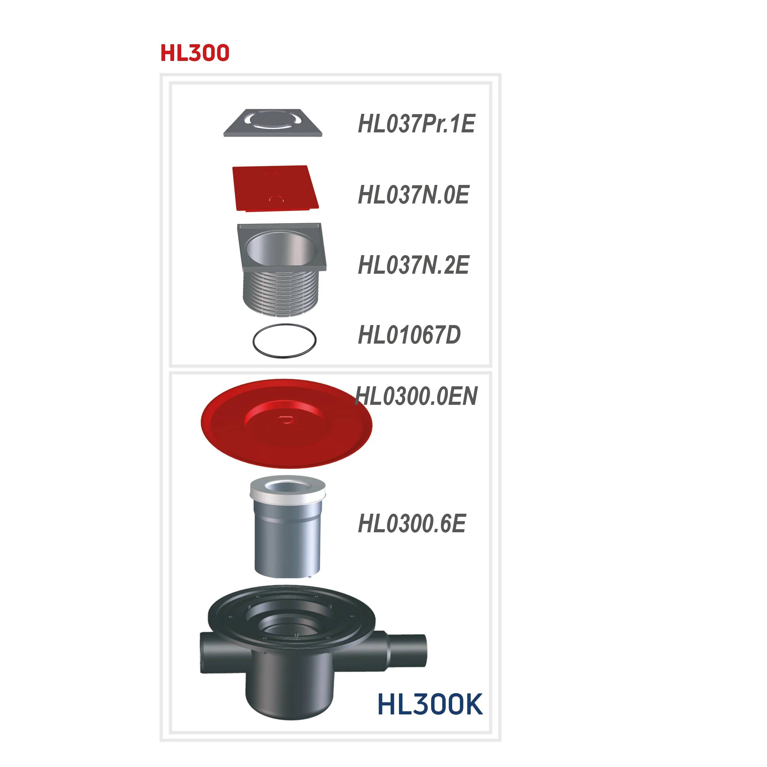 Explosionszeichnung der HL300-Drainageteile mit gekennzeichneten Komponenten HL037Pr.1E, HL037N.0E, HL037N.2E, HL01067D, HL0300.0EN, HL0300.6E und zusammengebaute HL300K-Einheit.